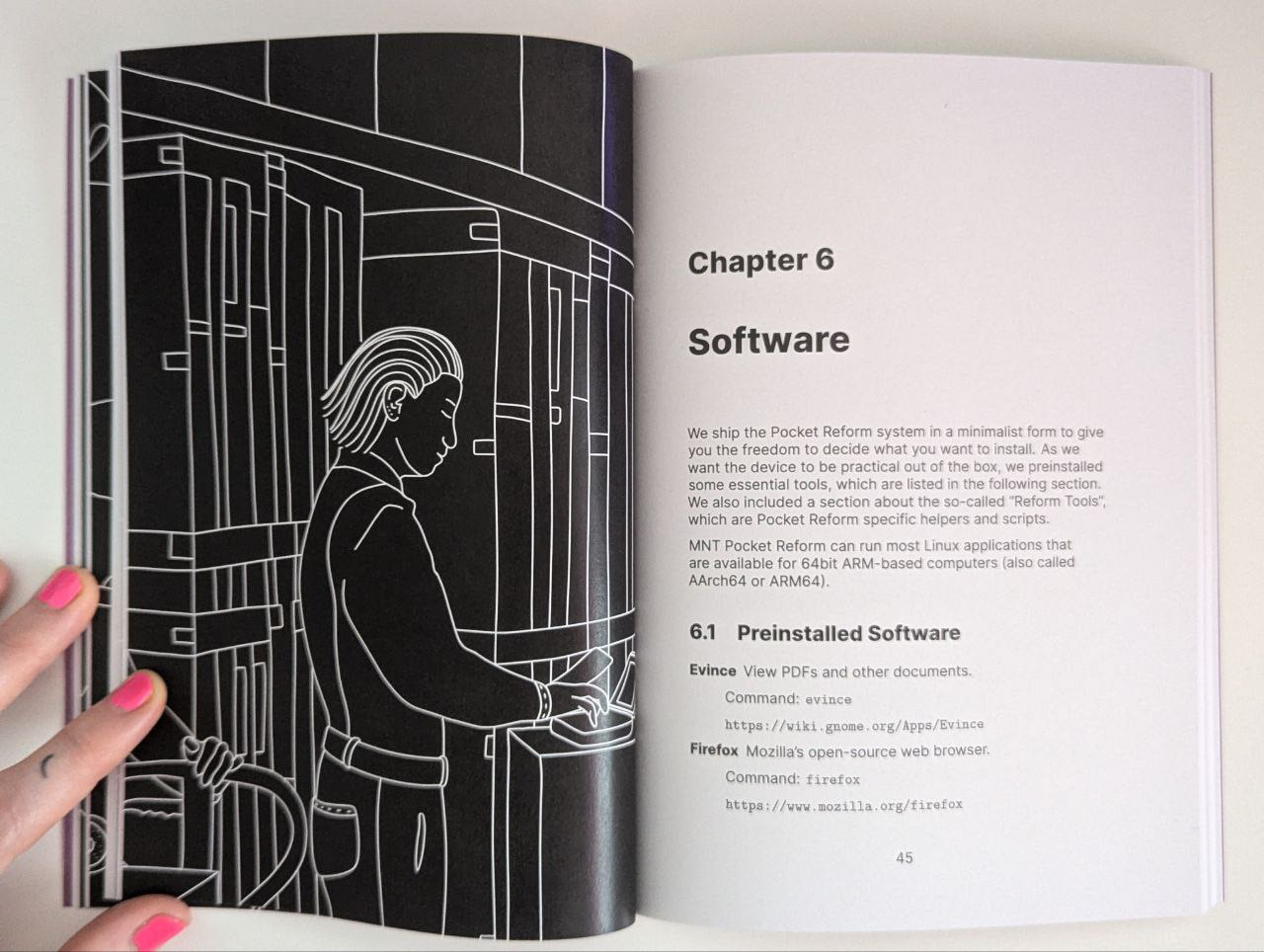 2 pages of the book. on the left: my illustration. it shows a person in a logistics center using pocket reform. on the right, there is text: chapter 6: software.