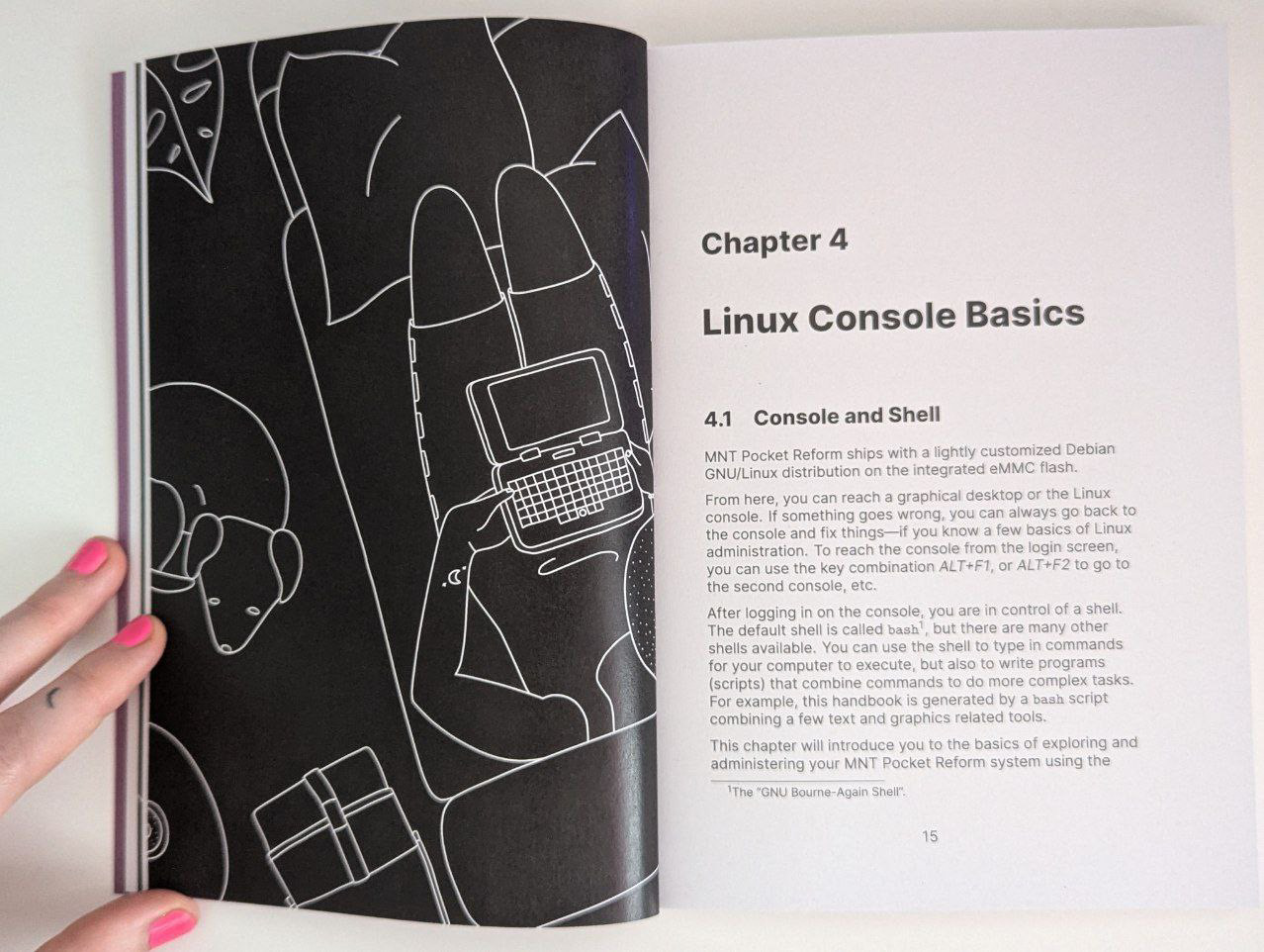 2 pages of the book. on the left: my illustration. it shows a person on the couch using pocket reform. a dog is chilling on the floor. on the right, there is text: chapter 4: linux console basics.