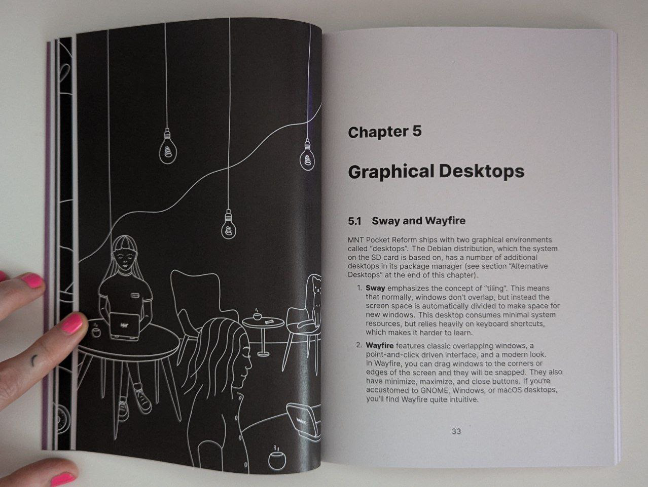 2 pages of the book. on the left: my illustration. it shows a cafe with two people using pocket reform. the vibe is quiet and a bit surreal. on the right, there is text: chapter 5: graphical desktops.
