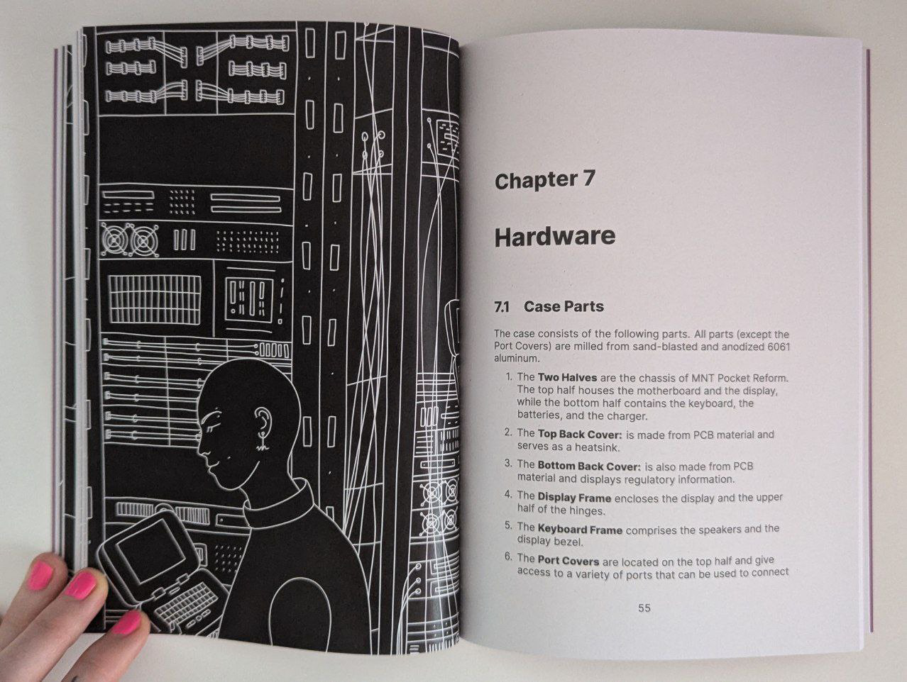 2 pages of the book. on the left: my illustration. it shows a person in a server room using pocket reform. on the right, there is text: chapter 7: hardware.