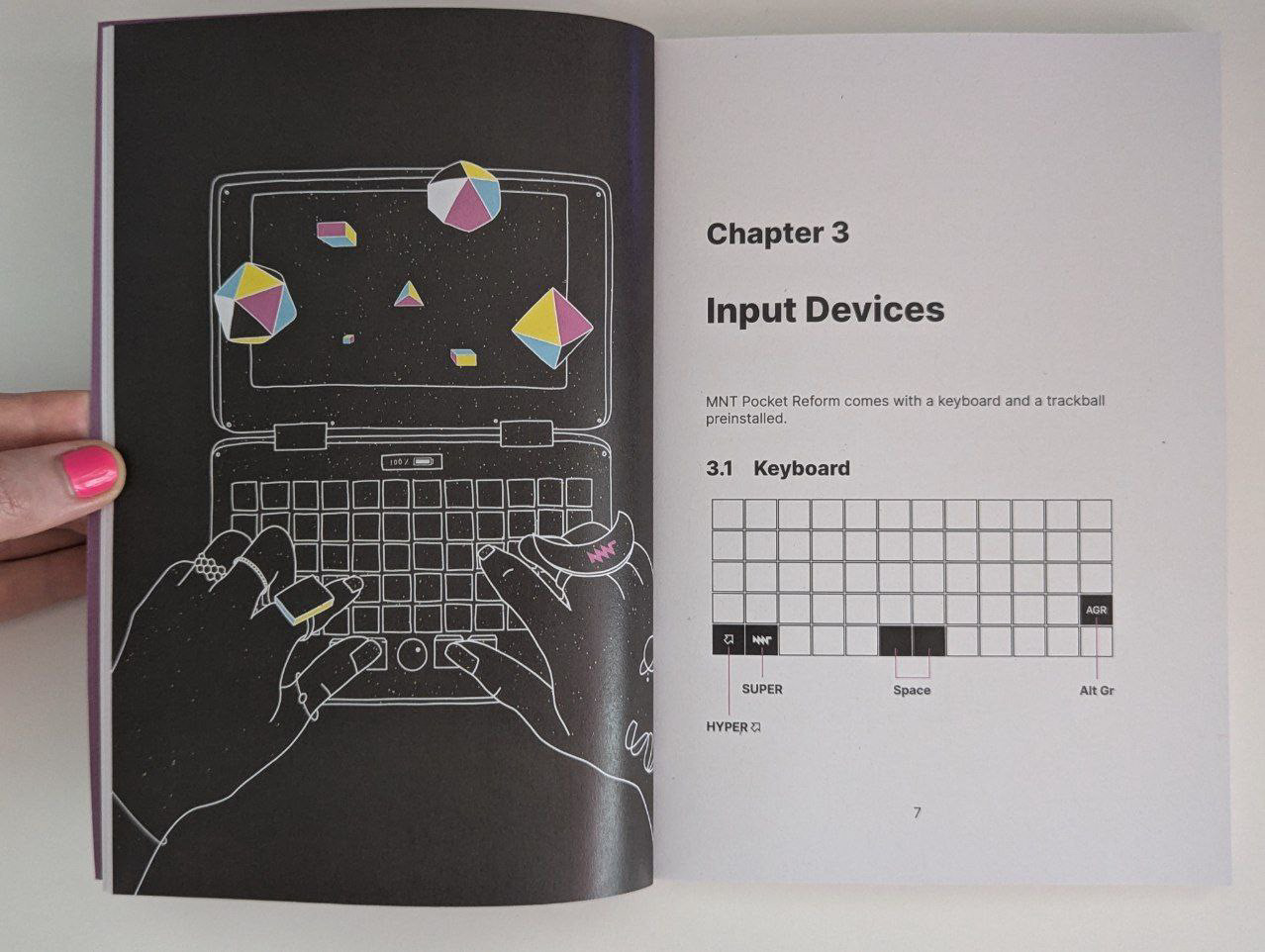 illustration showing pocket reform with geometric shapes coming out of the screen. two hands are typing on an ortholinear keyboard. white lines on dark background.