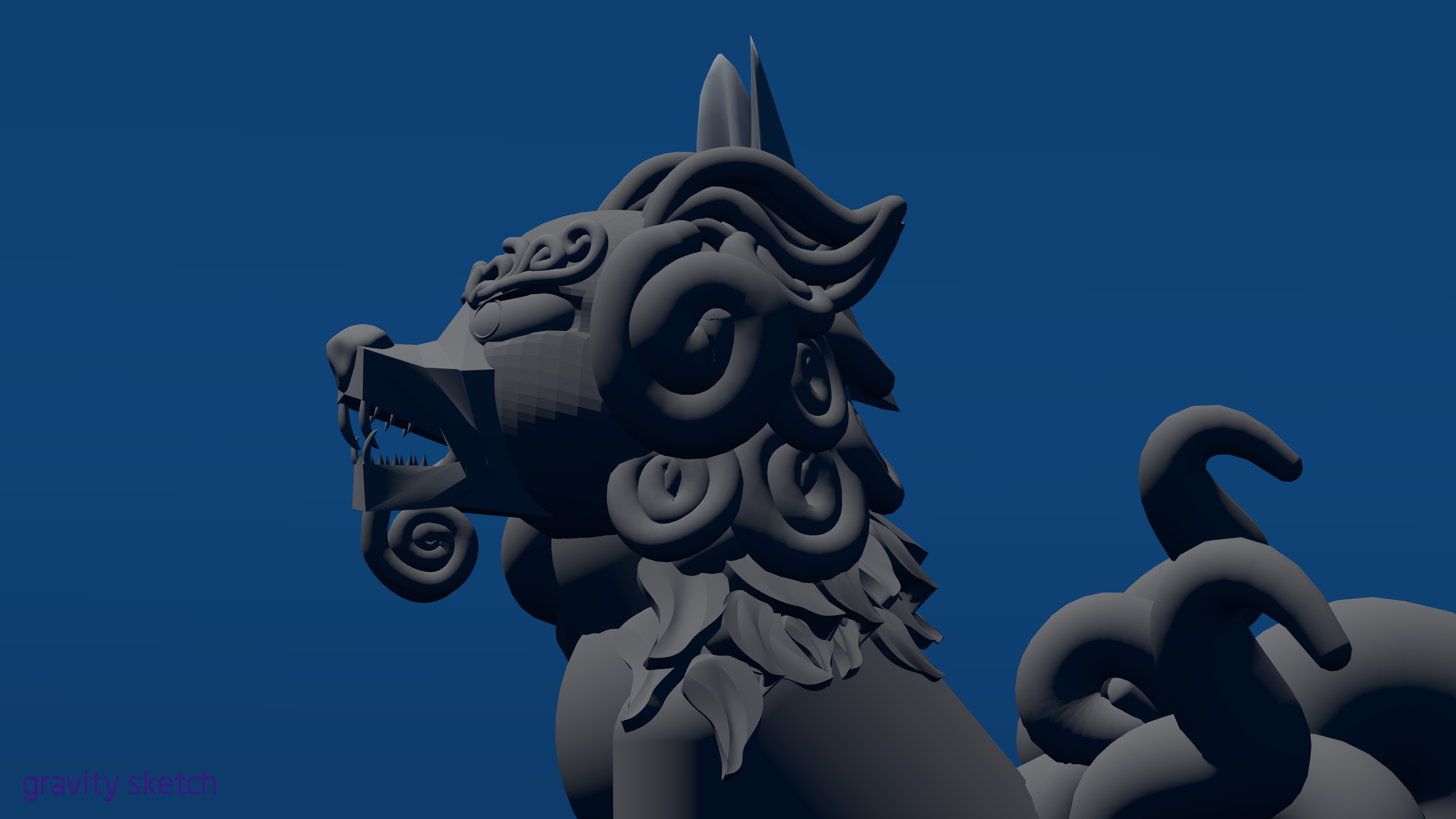 Close side view of the Foo Guardian with its mouth open