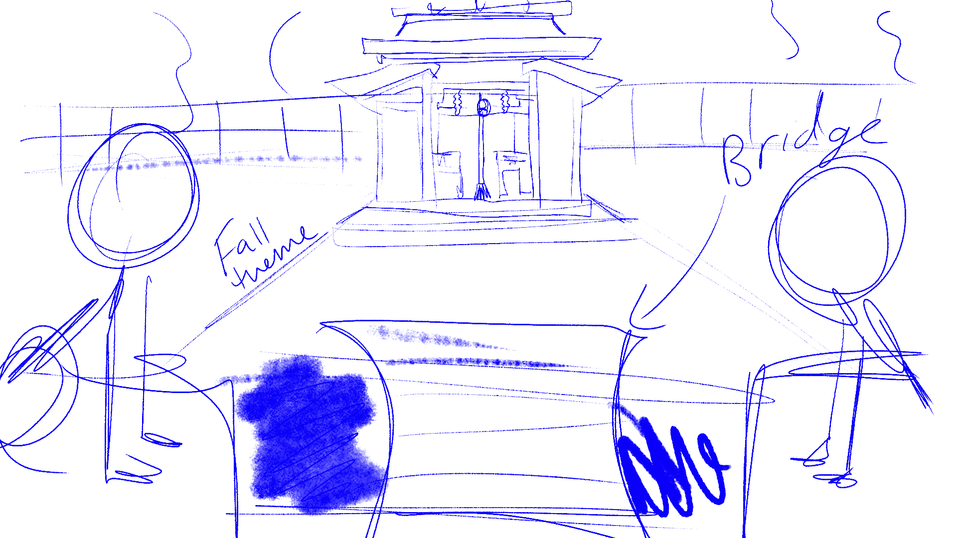 Initial sketch of the temple with guardians
