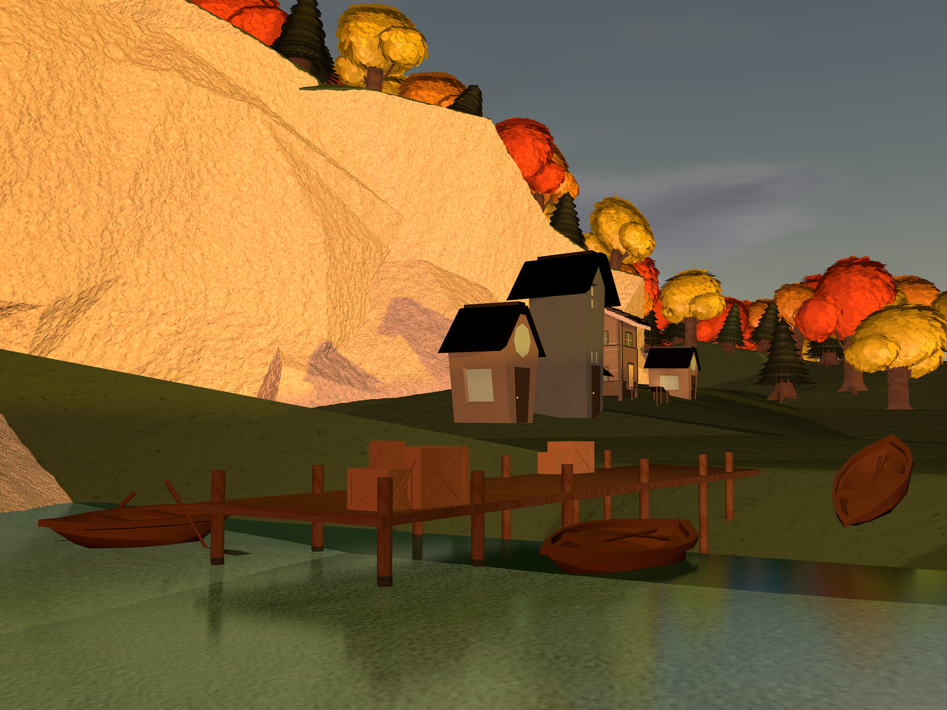 A shot of the dock with row boats and village houses in the background