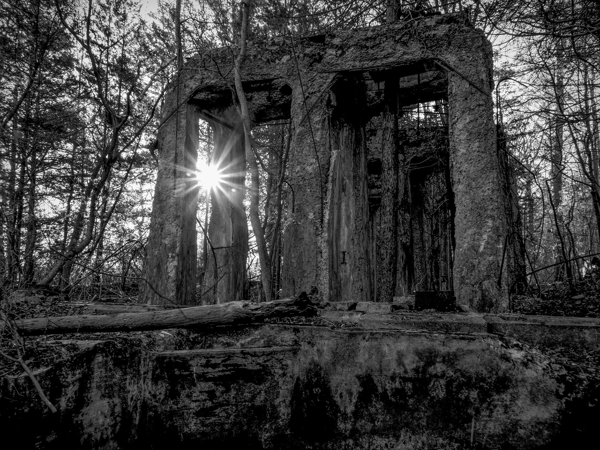 Large stone pillars stand as the ruins of the Behlehem Loading Company in Estell Manor Park, Mays Landing, NJ. The rising sun shows as a sunburst behind the ruins.