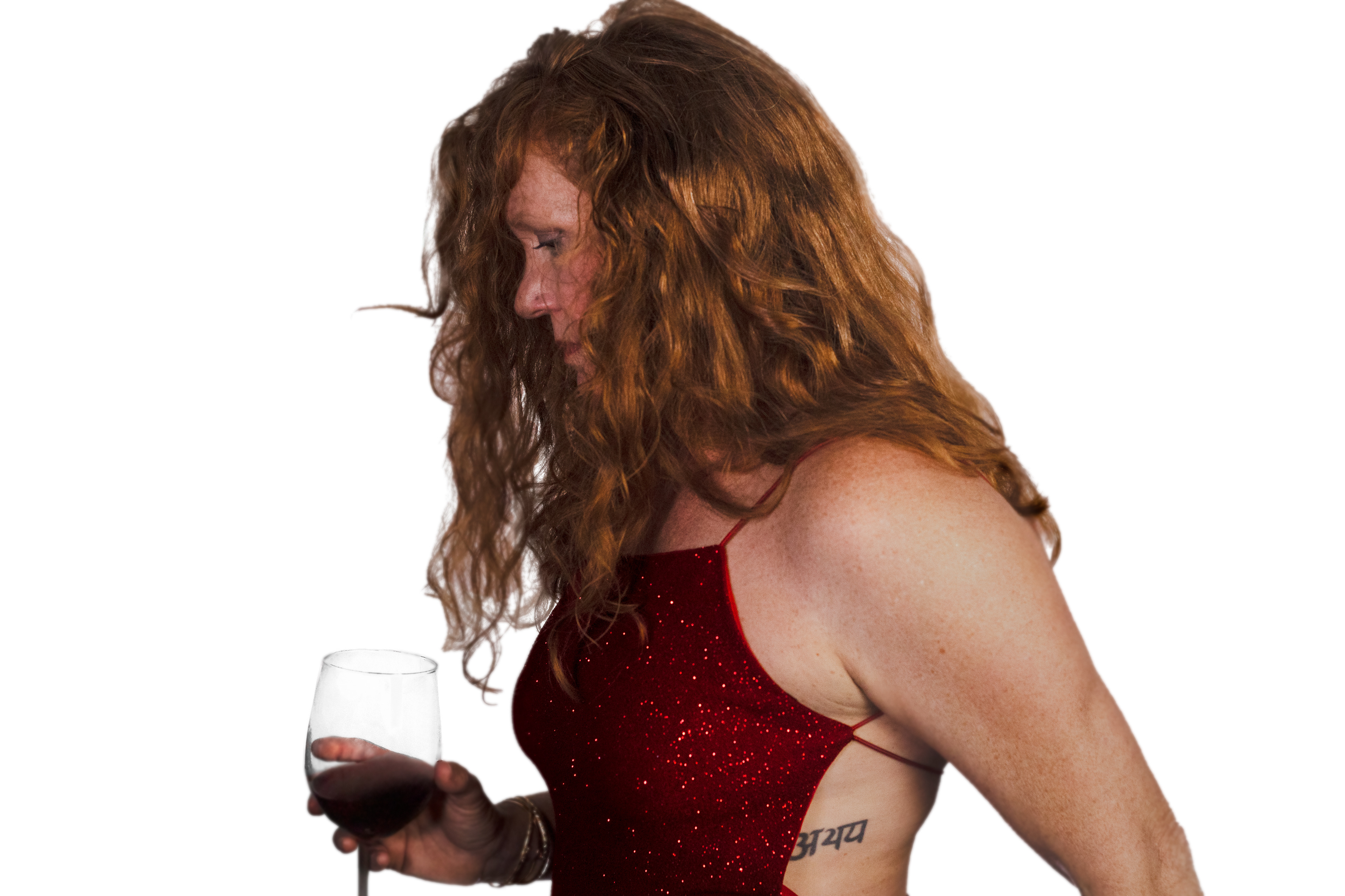 Stephanie, red dress, red wine.