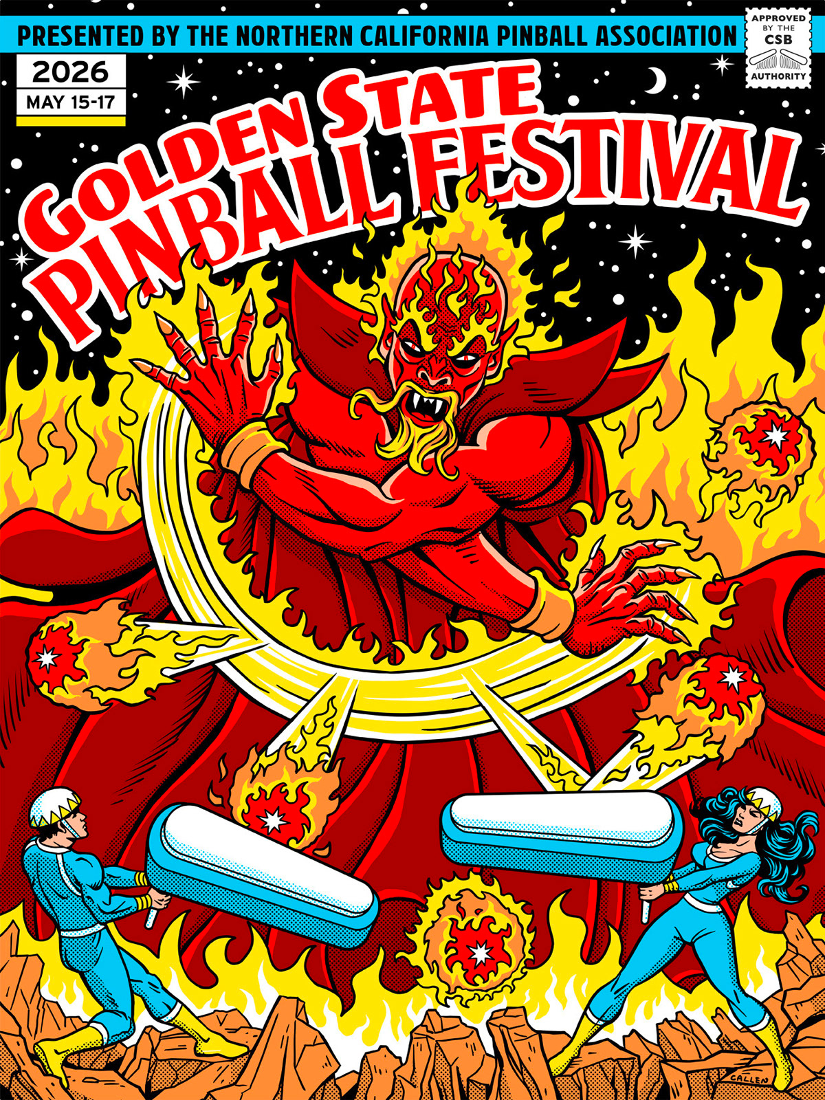 Illustrated poster for the Golden State Pinball Festival. Silkscreen with seven colors.