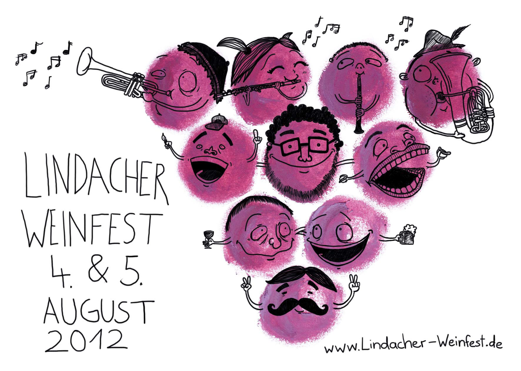 illustration, weinfest, lindach, franken, illustrator, volkach, flyer, flugblatt, wein, trauben, wasserfarbe