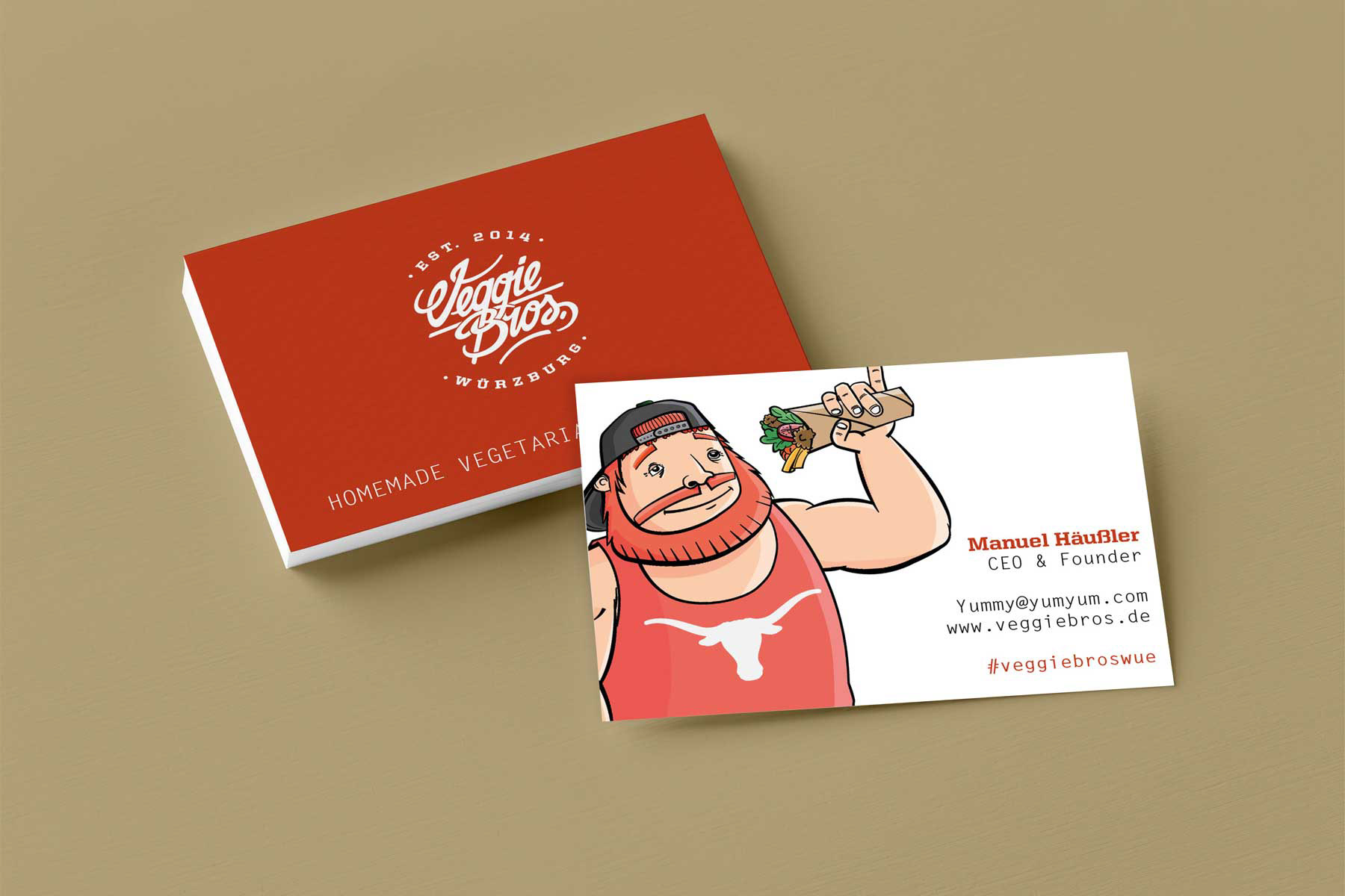 veggie bros, wuerzburg, visitenkarten, mockup, grafikdesign, illustration, karikatur