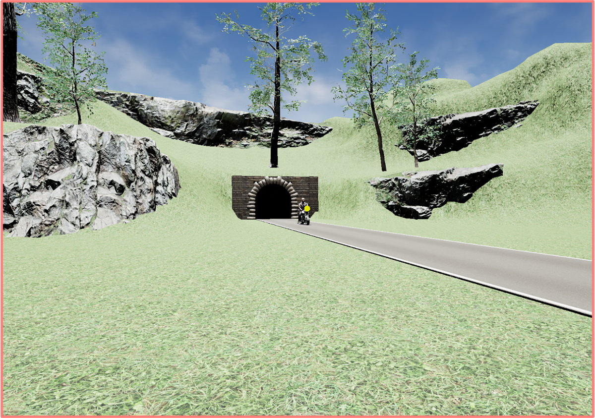 Rider appears from the tunnel on the left