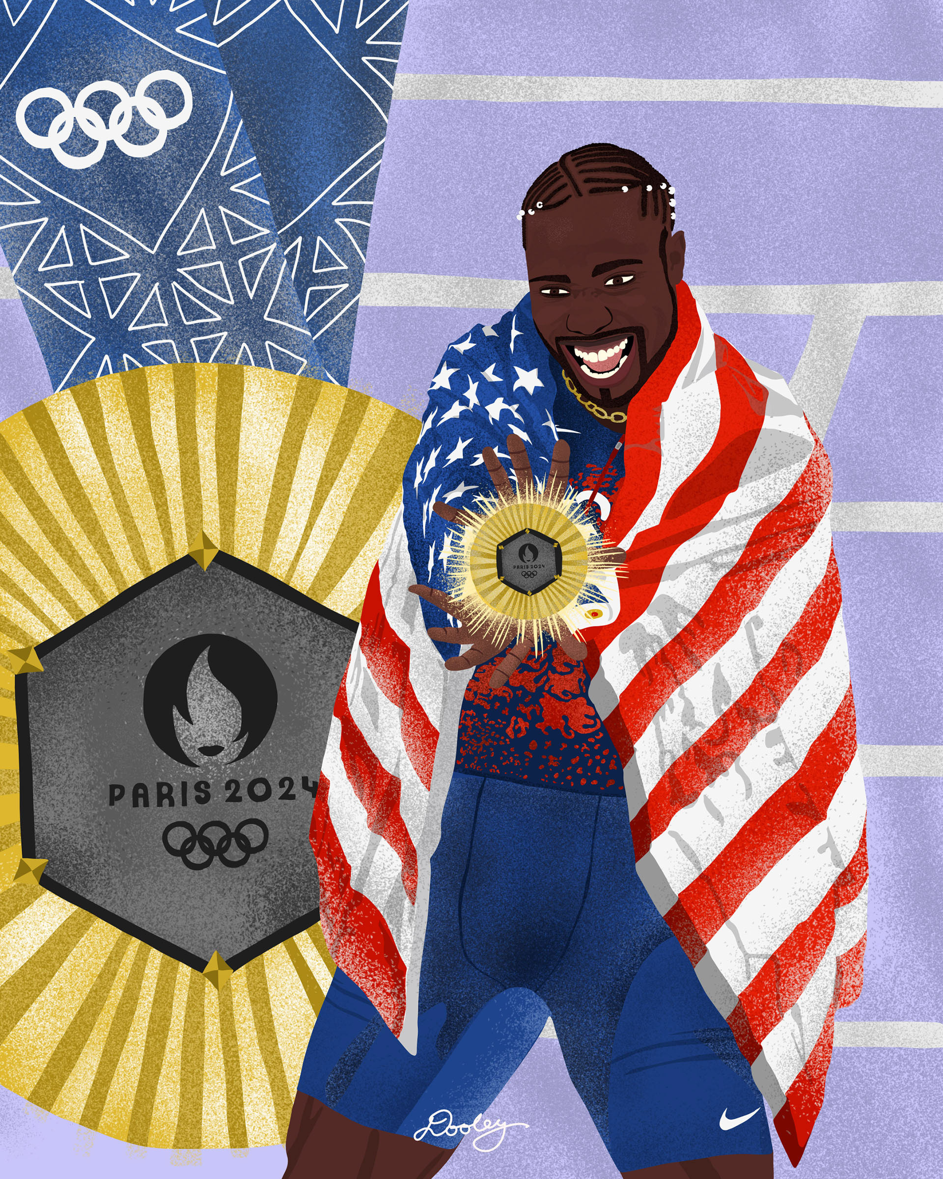 An illustrated image of Noah Lyles celebrating after narrowly winning the Men’s 100m. He is wrapped in an American flag with an excited expression on his face. He is motioning “Kamehameha” with his hands as a gold Olympic medal floats like a ball of energy. There is a larger gold medal to the left of him and the light purple Olympic track is in the background.