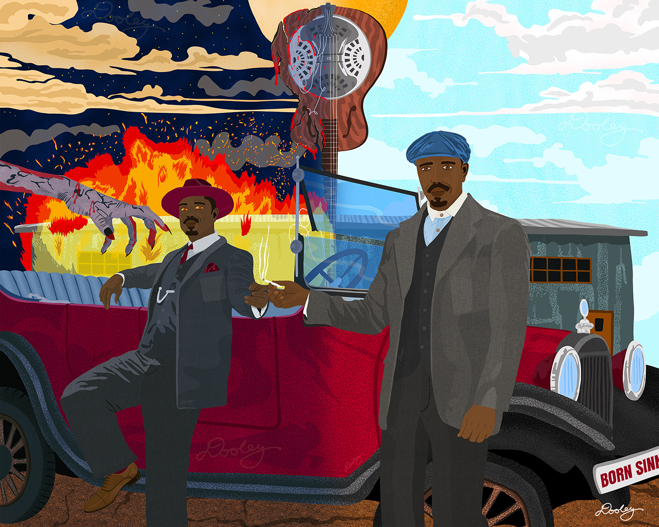 An Illustrated artwork of Michael B. Jordan as The Smoke Stack Twins in the Sinners movie, showing them stand together in front of a vintage red car sharing a cigarette. Sammy’s split guitar divides night and day with one side of a building burning and the other side untouched in the background. A bloody, lifeless hand extends toward Stack as his eyes glow red.