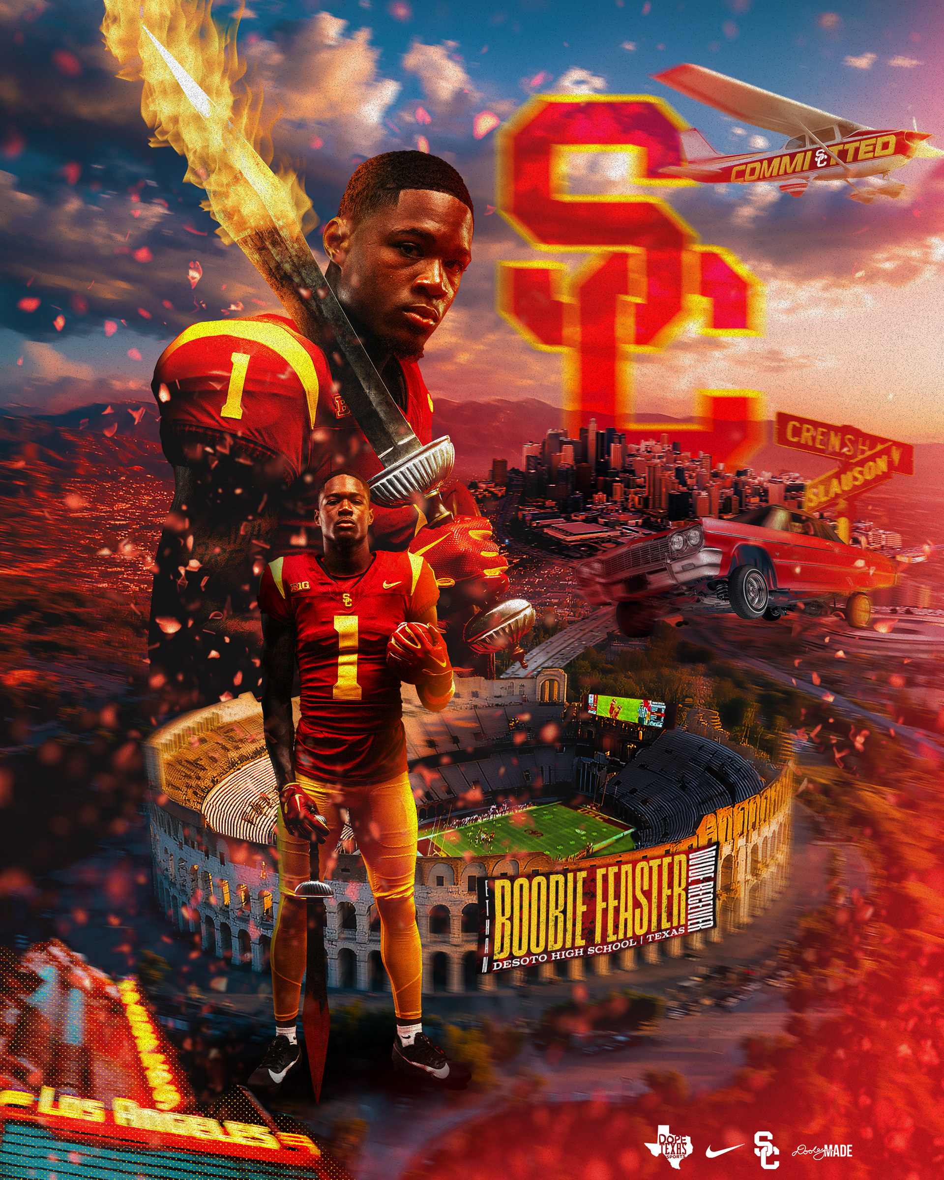 A stylized graphic design announcing 5 Star Desoto HS Wide Receiver Ethan Boobie Feaster's Commitment to The University of Southern California.