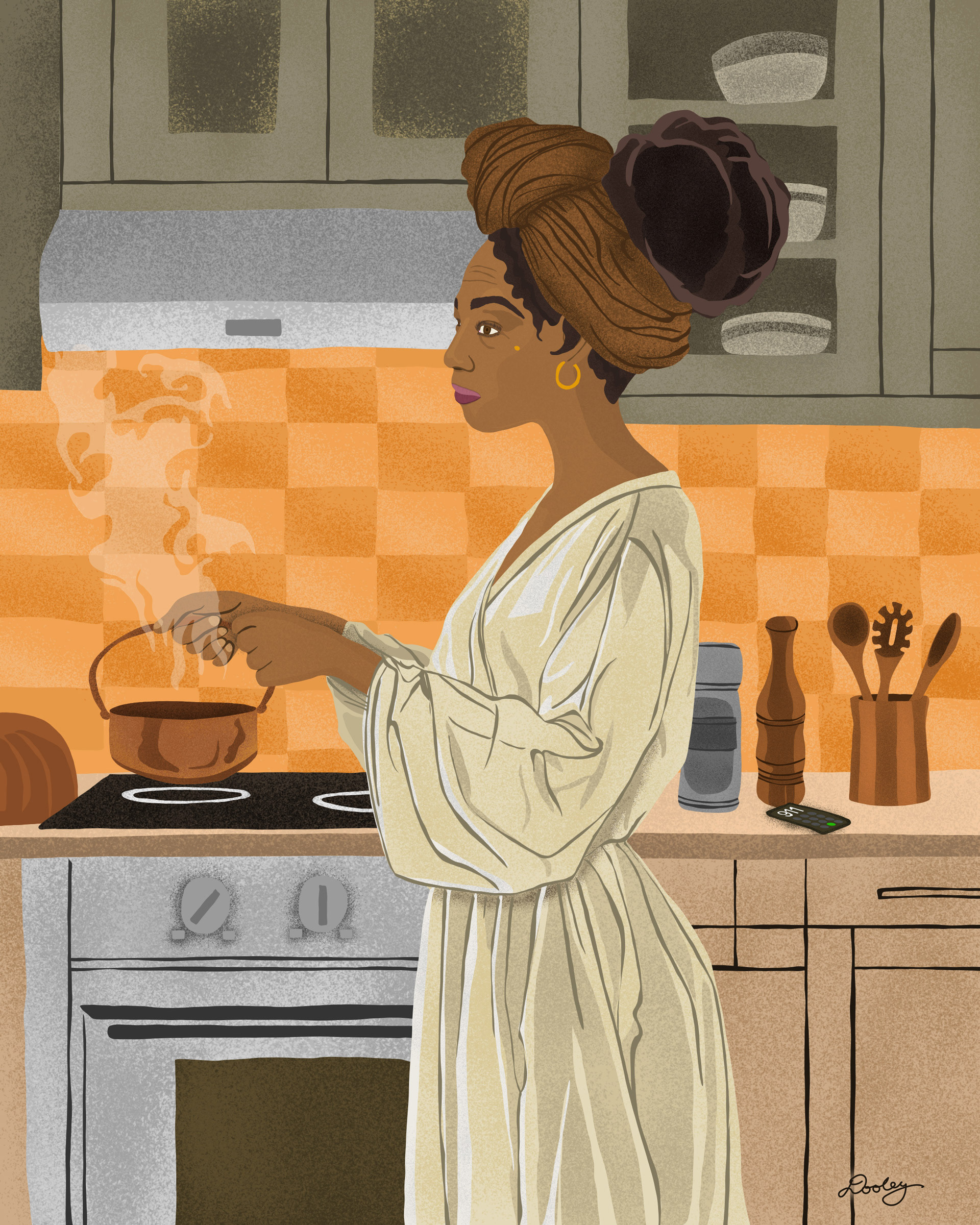 An illustration by Dre Dooley depicting the moment before Sonya Massey was fatally shot by Officer Sean Grayson in her kitchen. Sonya is holding a pot that the is lifting from stove. There is a cell phone on the counter with 911 on the screen.