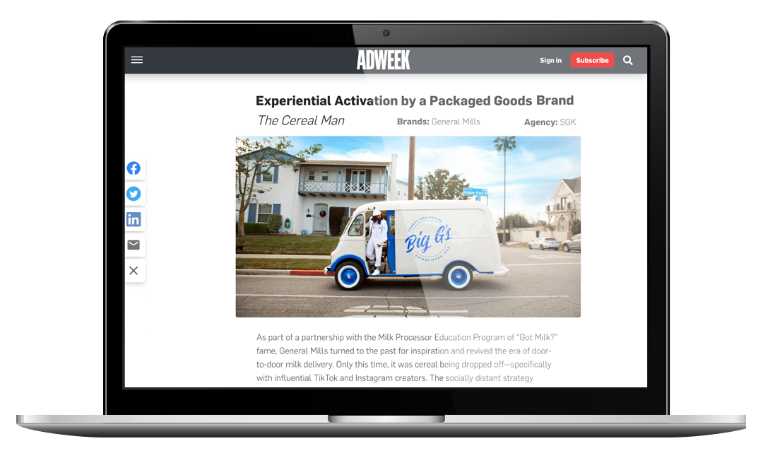 influencer marketing, influencer campaign, seeding kit, influencer seeding moment, general mills, gm, got milk, delivery, cereal, gm, LA, tiktok, big g, vintage, custom van, custom vehicle, delivery vehicle, ad campaign, adweek, adweek winner, experiential activation