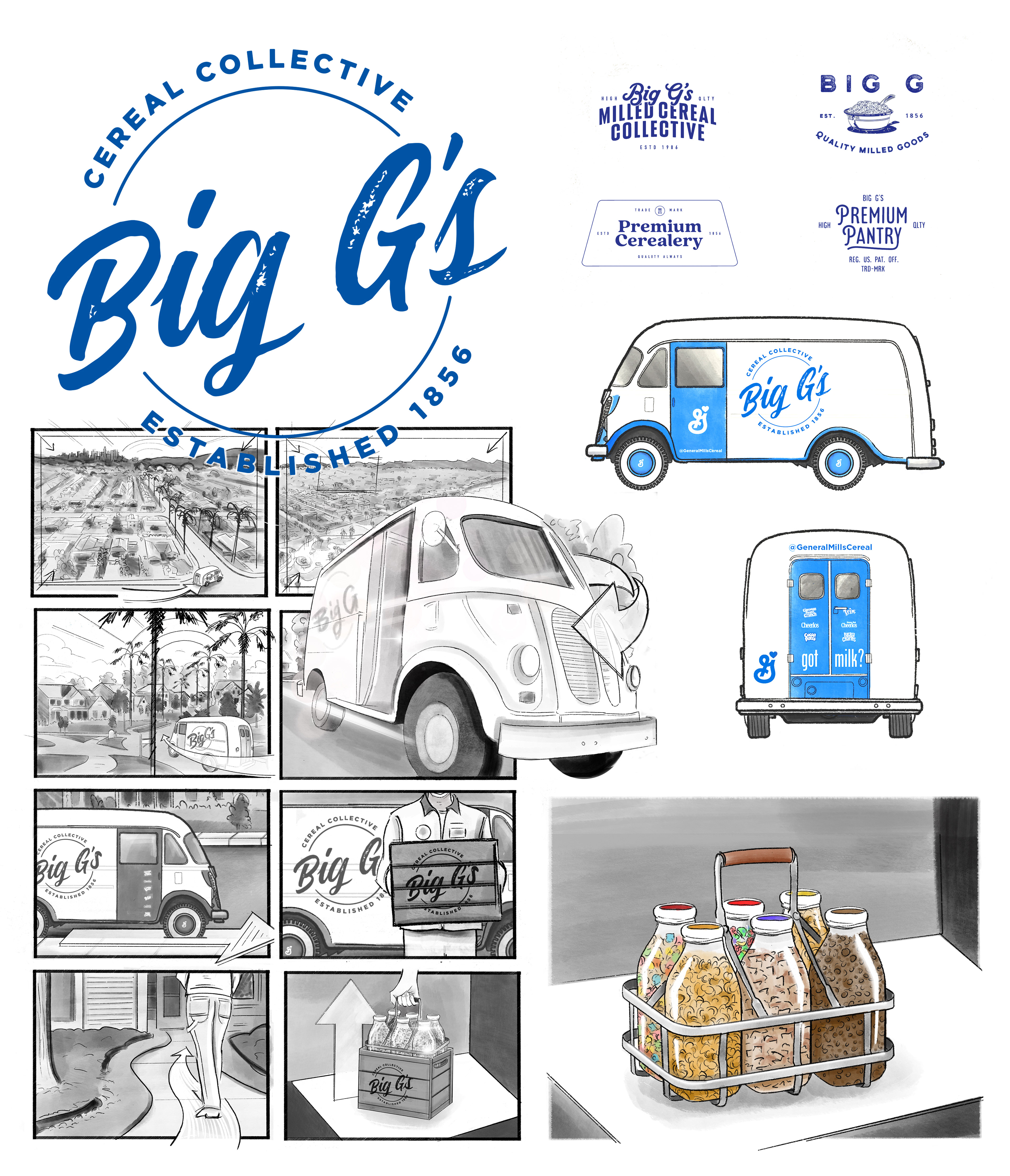 influencer marketing, influencer campaign, seeding kit, influencer seeding moment, general mills, gm, got milk, delivery, cereal, gm, LA, tiktok, big g, vintage, custom van, custom vehicle, delivery vehicle, storyboard, sketch, doodle, illustration