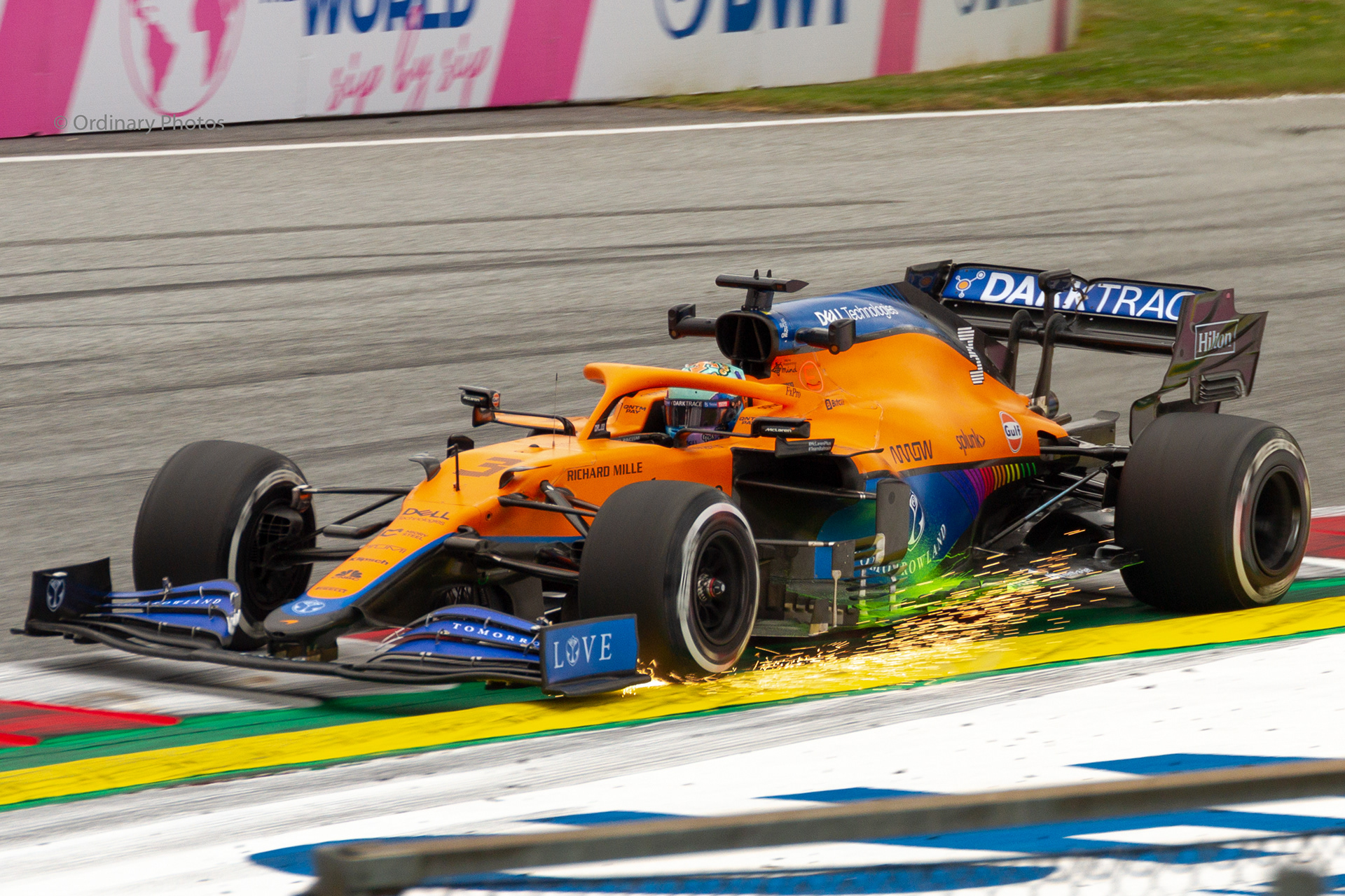 Sparks coming from the McLaren of Daniel Ricciardo during the free practice of the GP of Austria in 2021