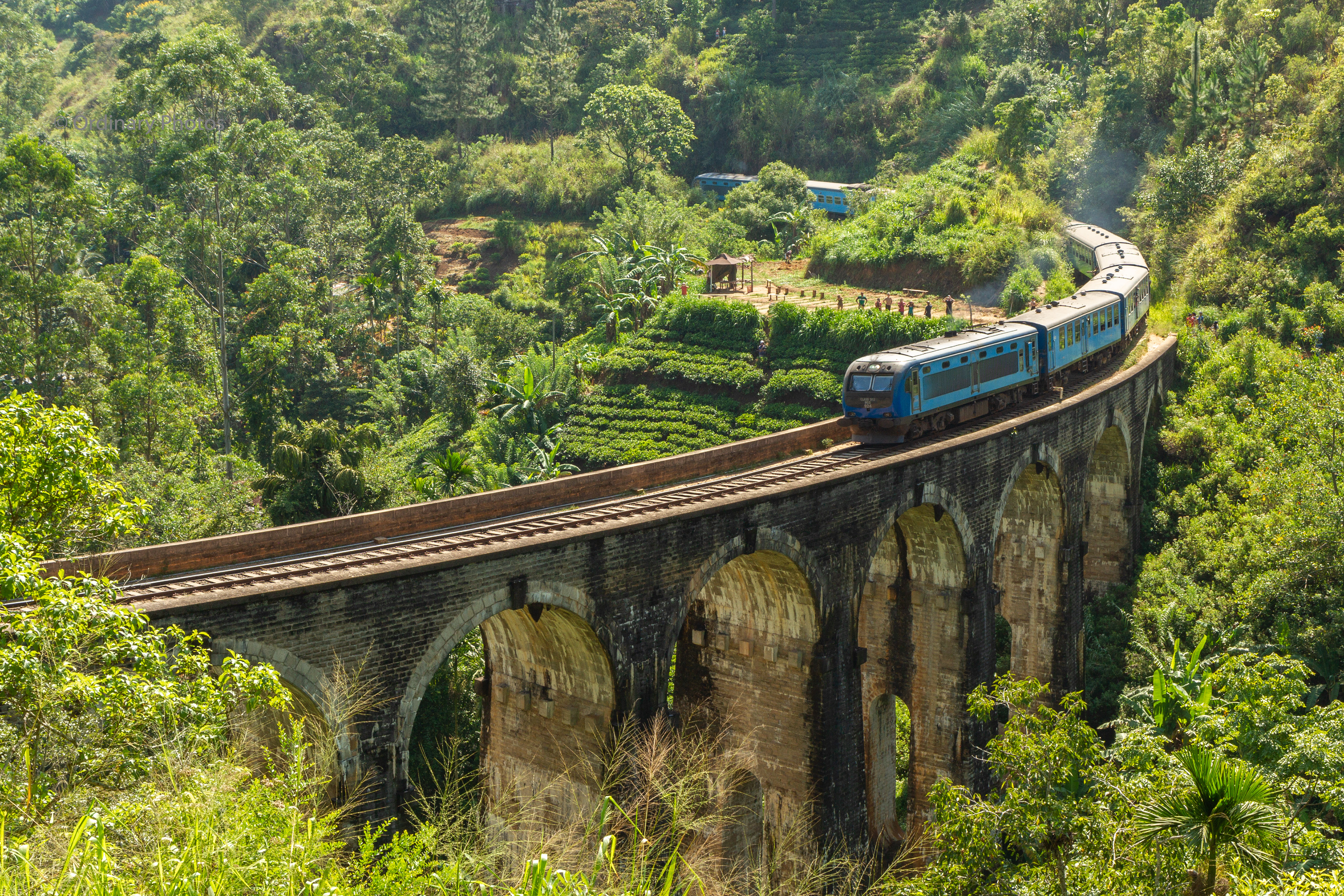 A train passing over the Nine Arch Bridge in Ella