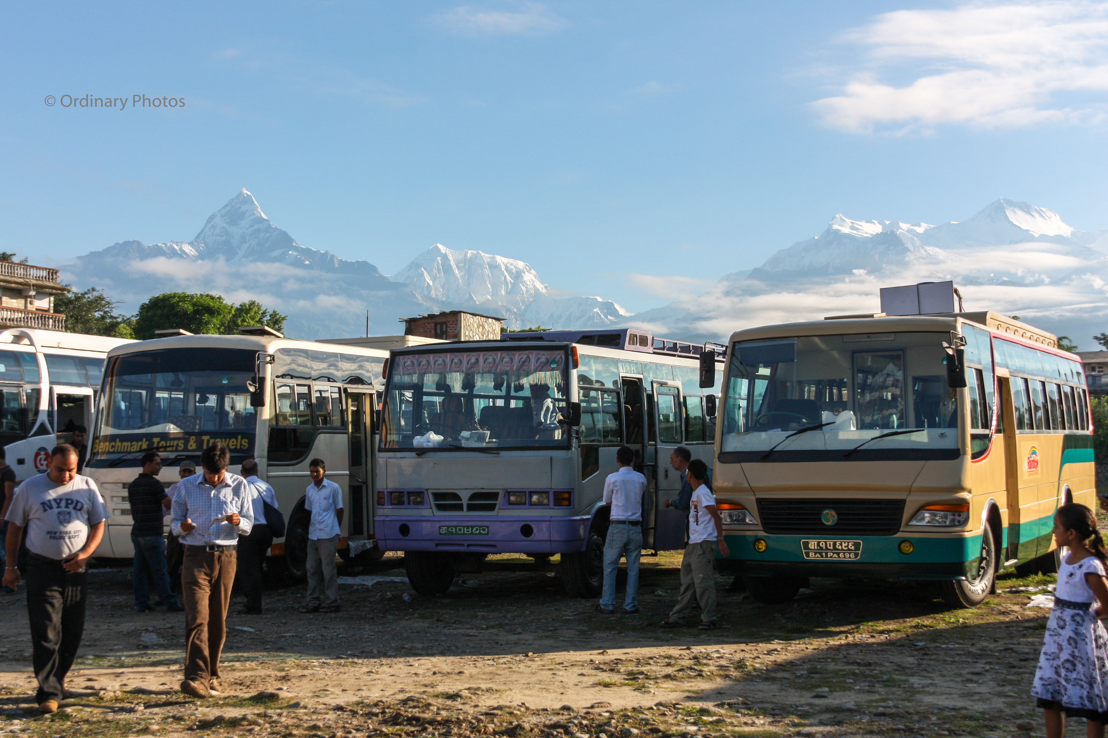 A view on the mountains of the Himalaya from the bus station in Pokara