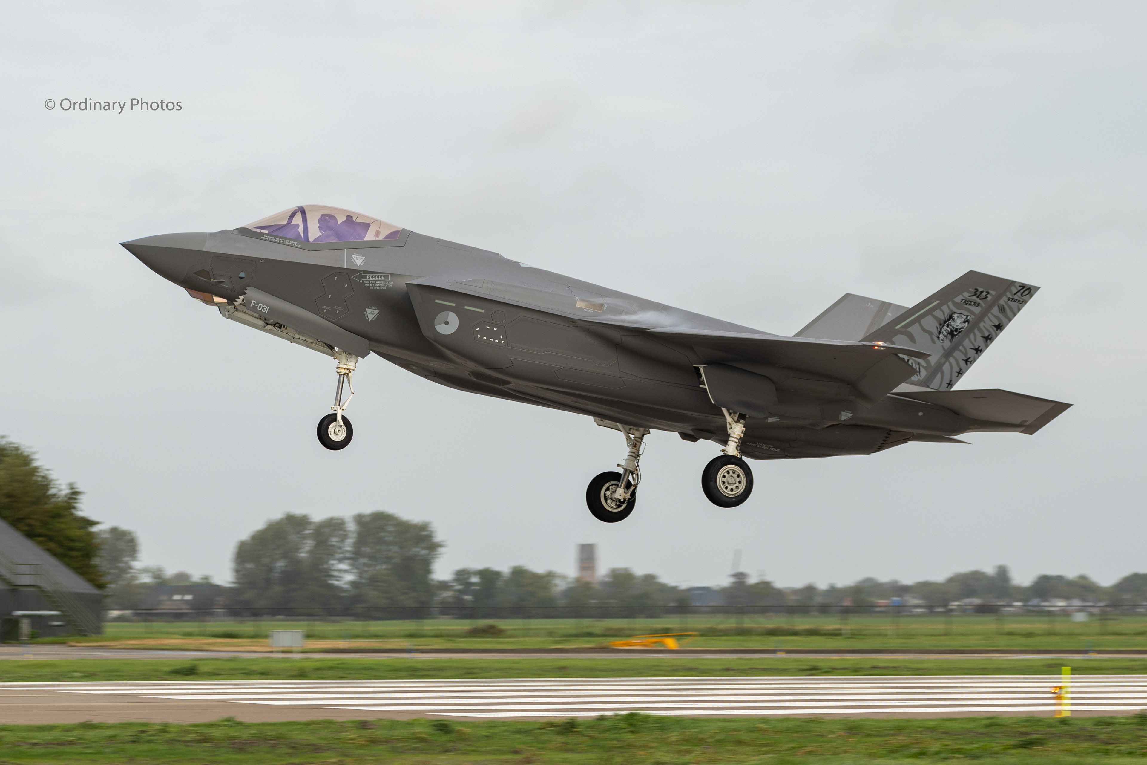 Landing of the Dutch F-35A (F-031 with Tiger tail) at Leeuwarden Air Base