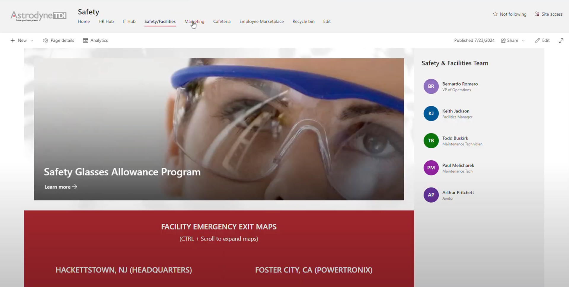 Safety and Facilities page