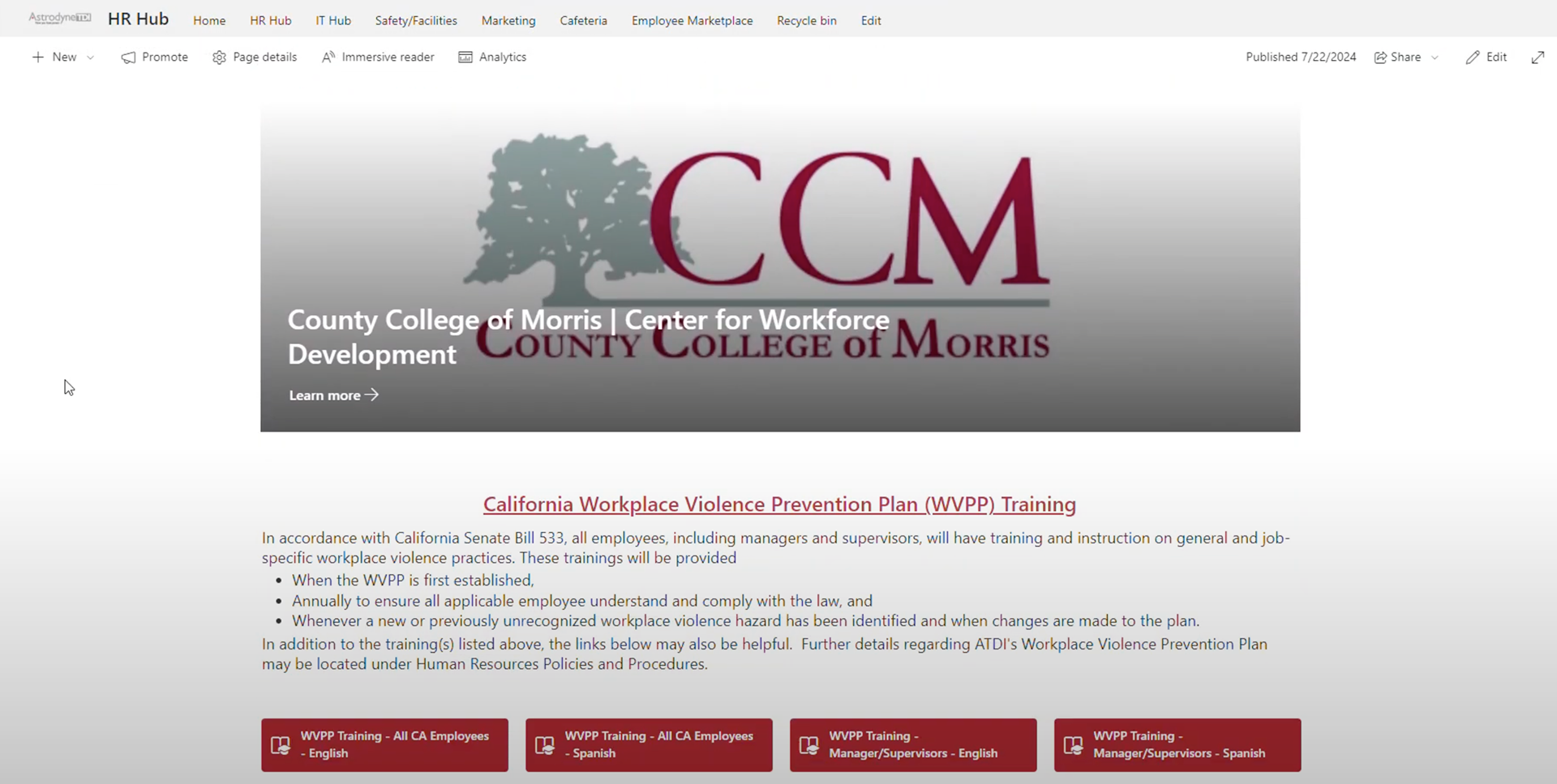 Example of the training page in the HR hub.