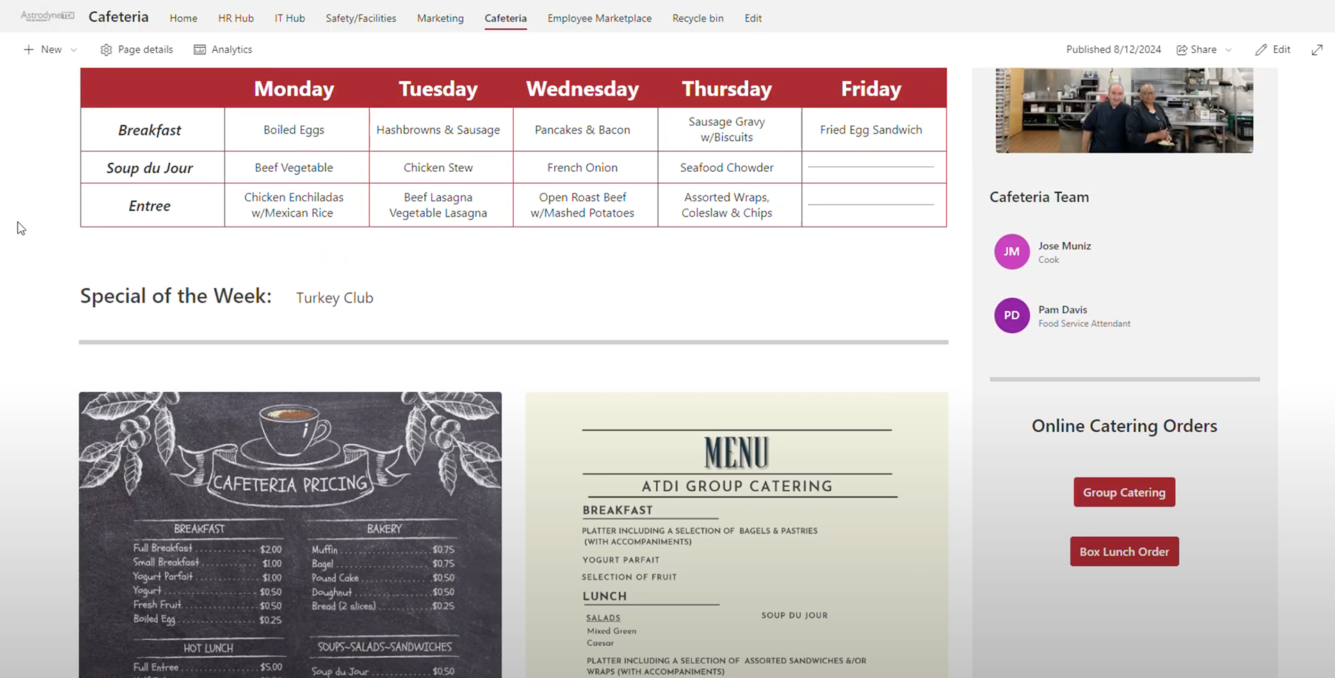 Cafeteria page with a menu that is updated weekly.