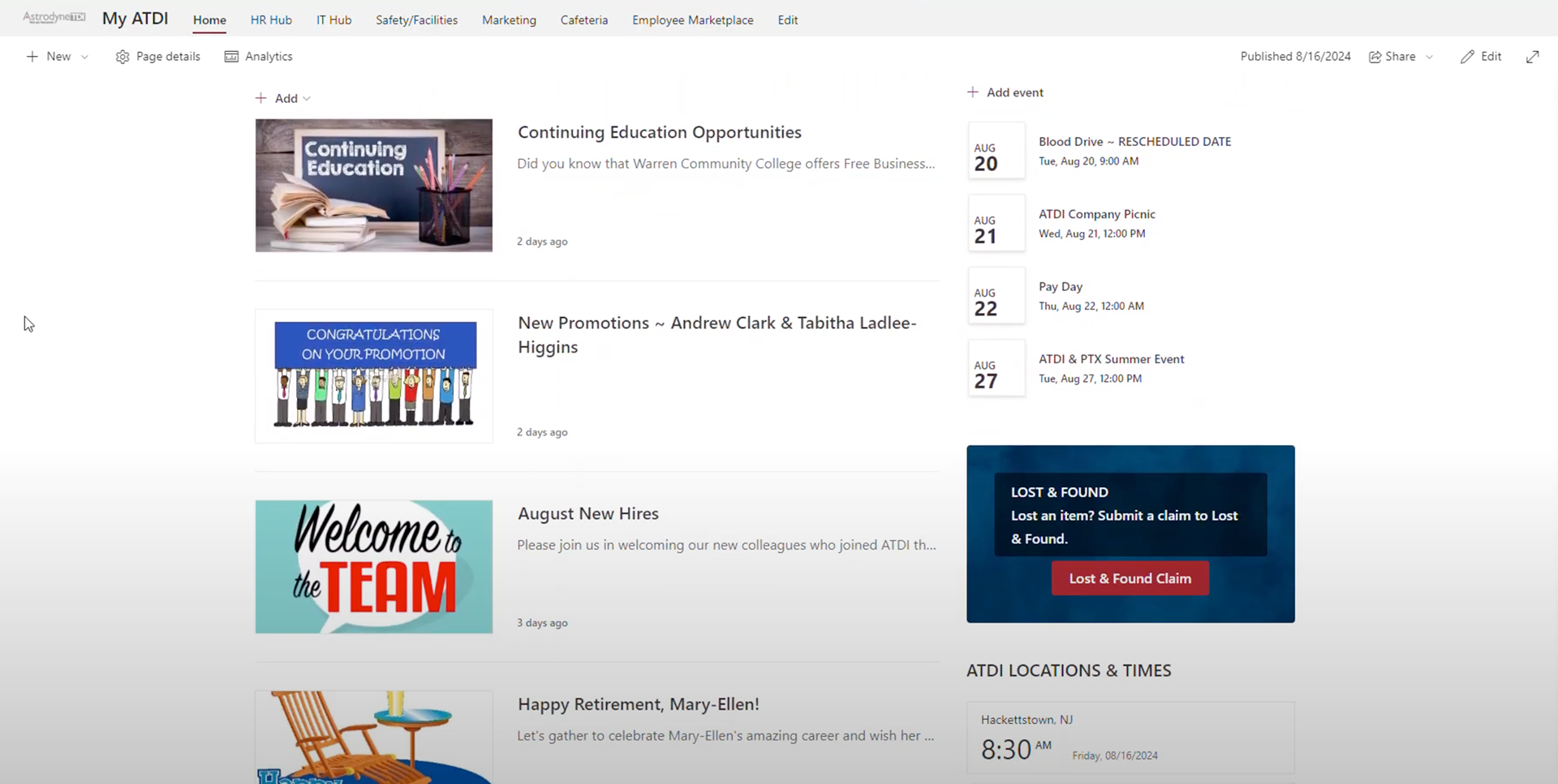 Section where users are able to see all news posts, upcoming events, and the different time zones the company has locations in.