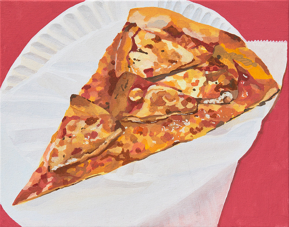 피자 토핑이 올라간 피자, Pizza topped Pizza, 2019, gouache on cotton, 18ｘ24 ㎝