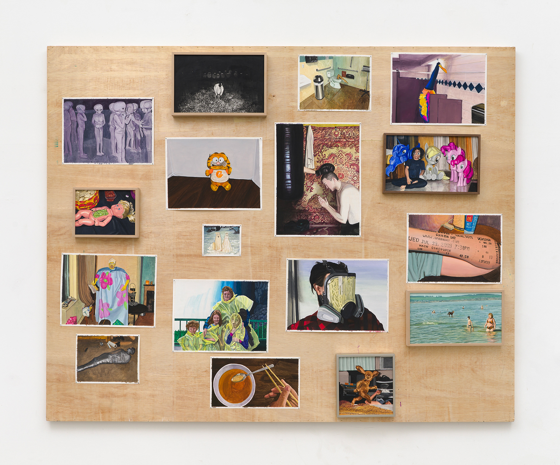 유령의 캐비넷 Cabinet of Ghosts, 2025, 드로잉 여러 점(면천에 과슈), 판넬에 못으로 고정, 액자, 150×200 cm