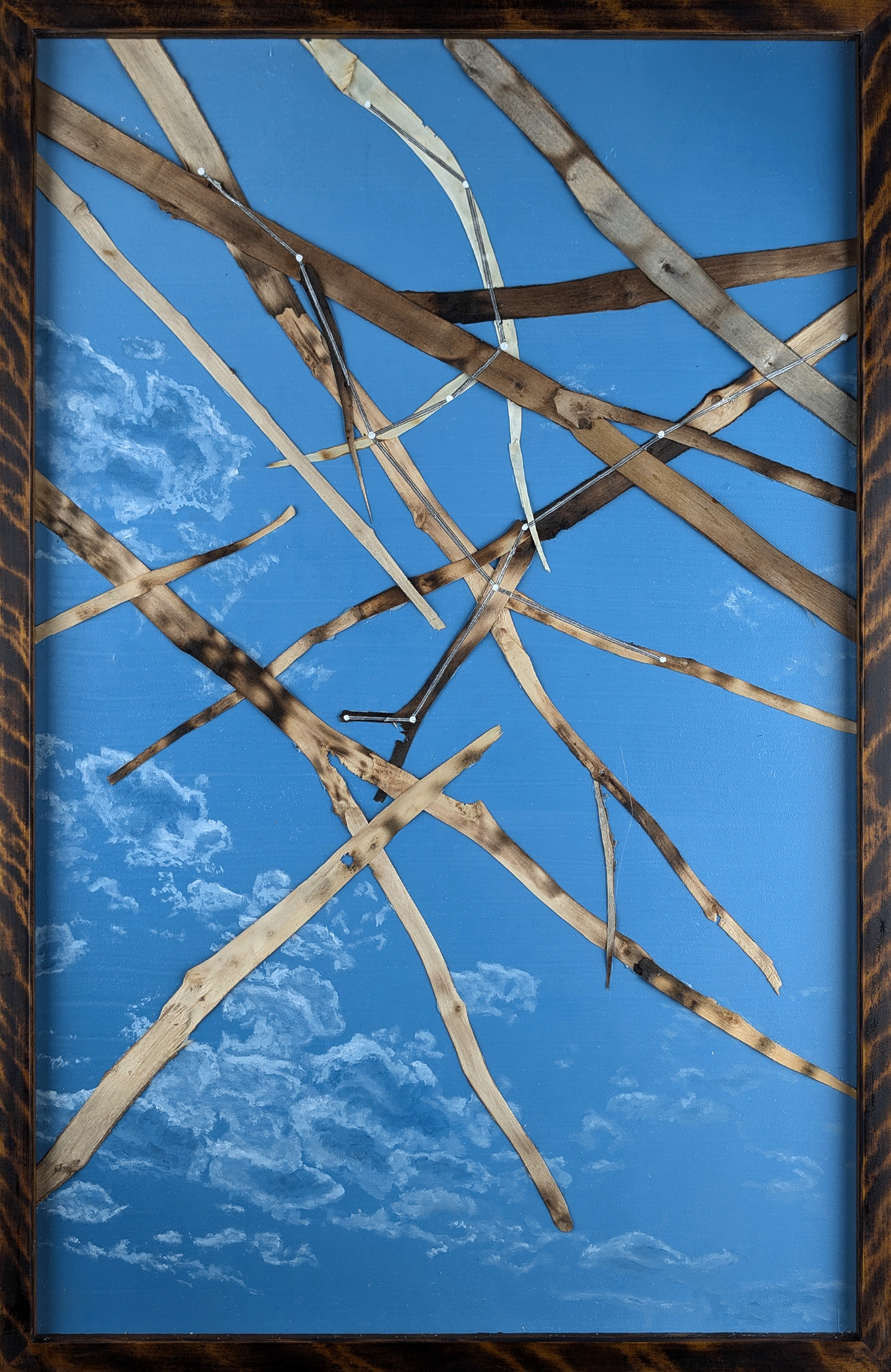 Confirmation Series - Andromeda - 2024 - Oil on Panel, Wood Branches, Ink - Figured Birch Frame by Artist - 19 3/4" x 29 3/4"