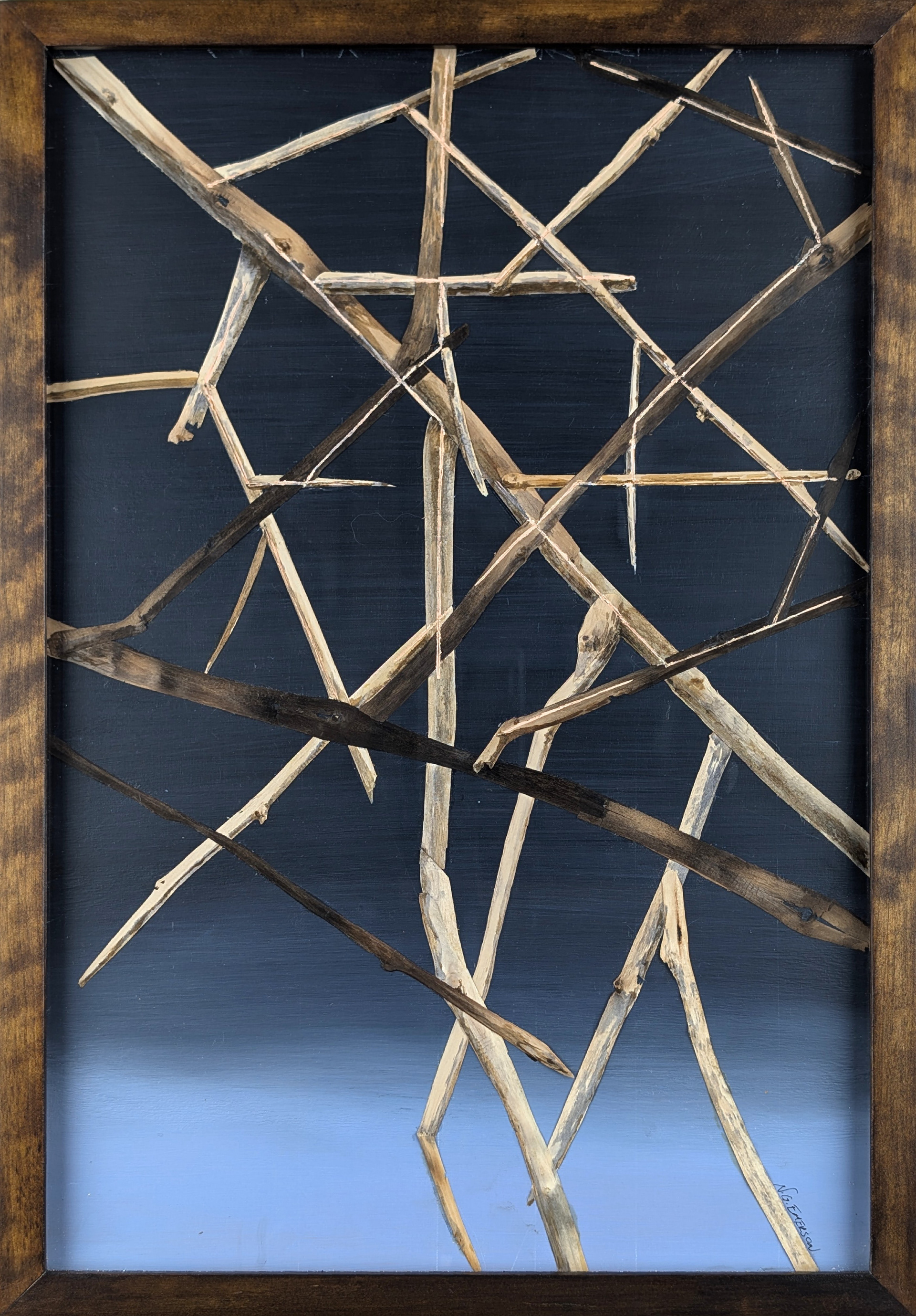 Recognition Series - Small Format No. 1 of 6 - 2023 - Acrylic on Panel, Wood Branches, Ink - Figured Birch Frame by Artist - 14 1/2" x 20 3/4"