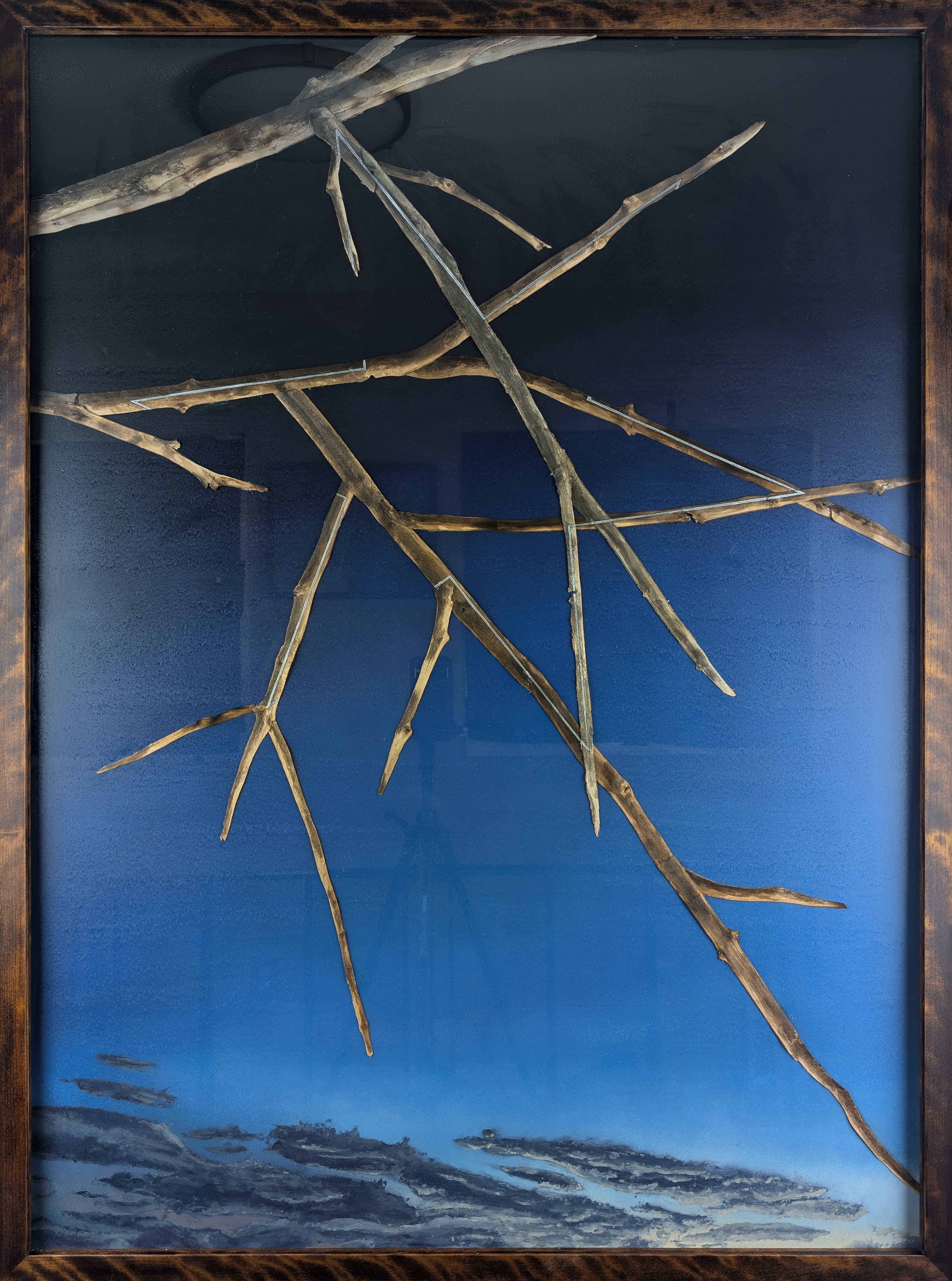 Headway Series - Large Format No. 2 of 2 - Oil on Panel, Wood Branches, Ink - Figured Birch Frame by Artist - 38" x 51"