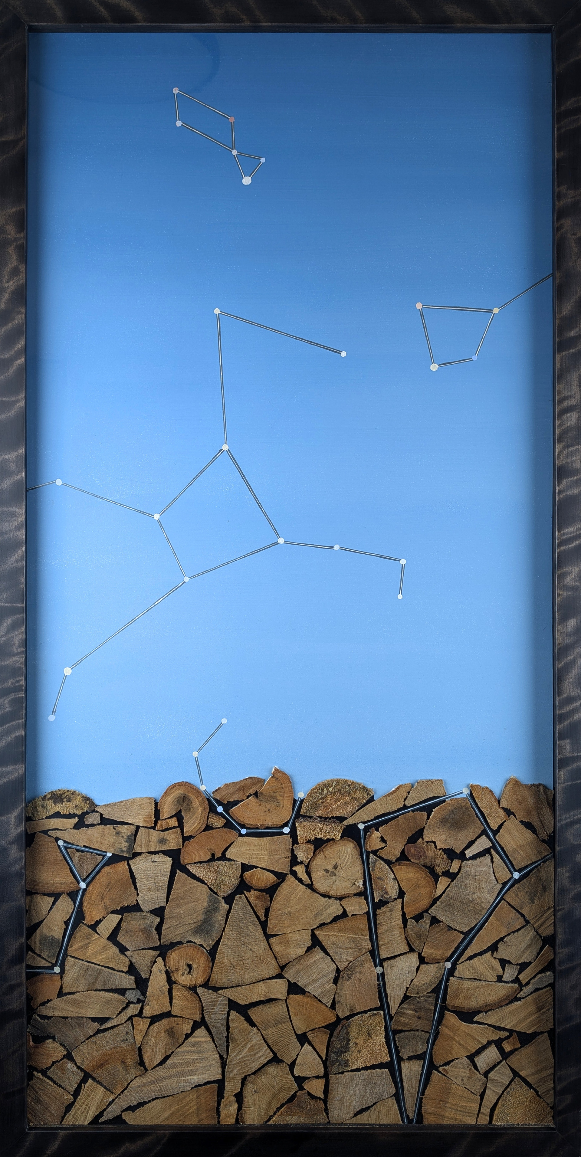Firewood Series - Triptych Panel 1 - 2024 - Oil on Panel, Firewood - Figured Birch Frame by Artist - 25 1/4" x 50"