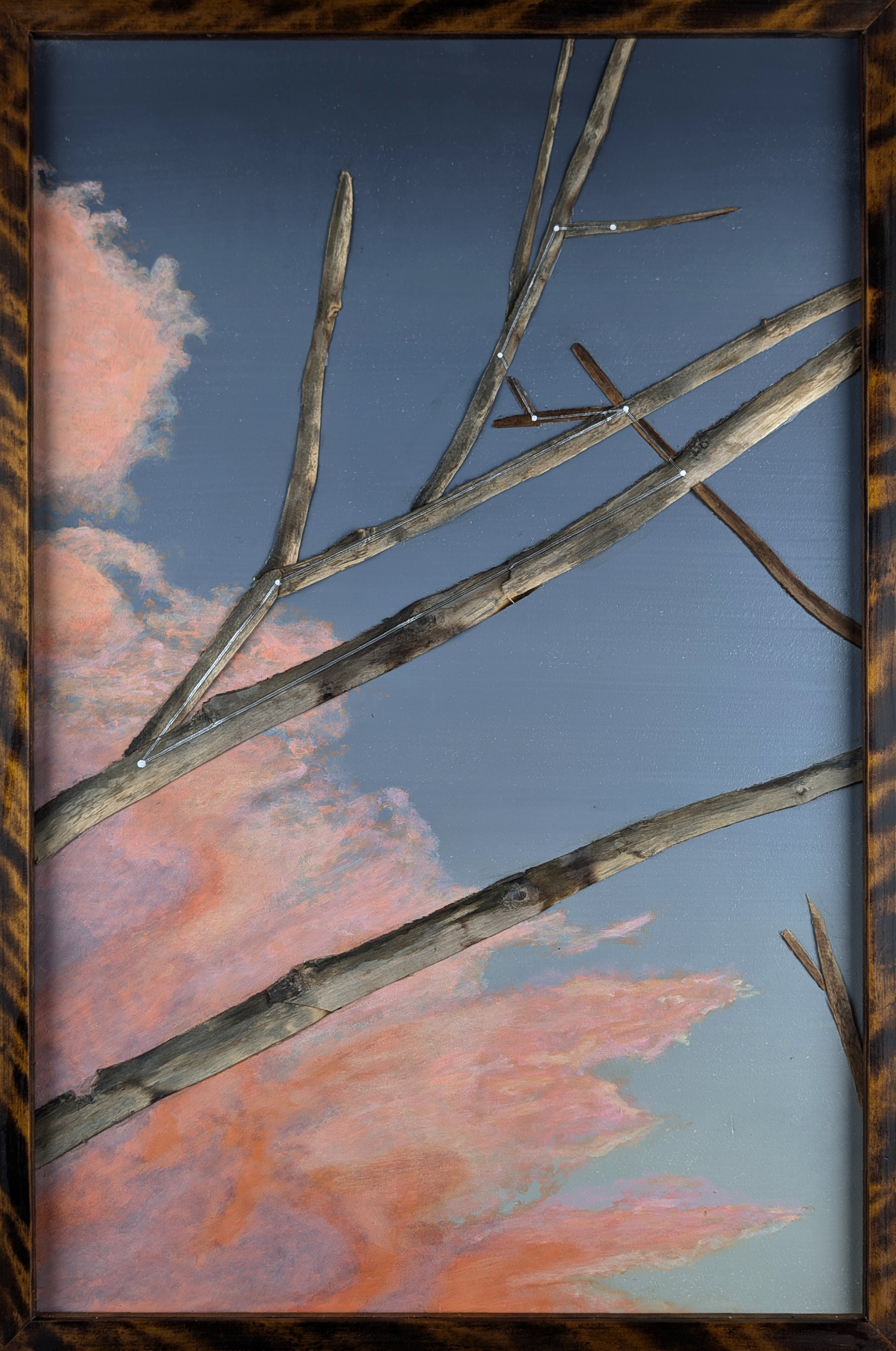 Confirmation Series - Leo - 2024 - Oil on Panel, Wood Branches, Ink - Figured Birch Frame by Artist - 19 3/4" x 29 3/4"