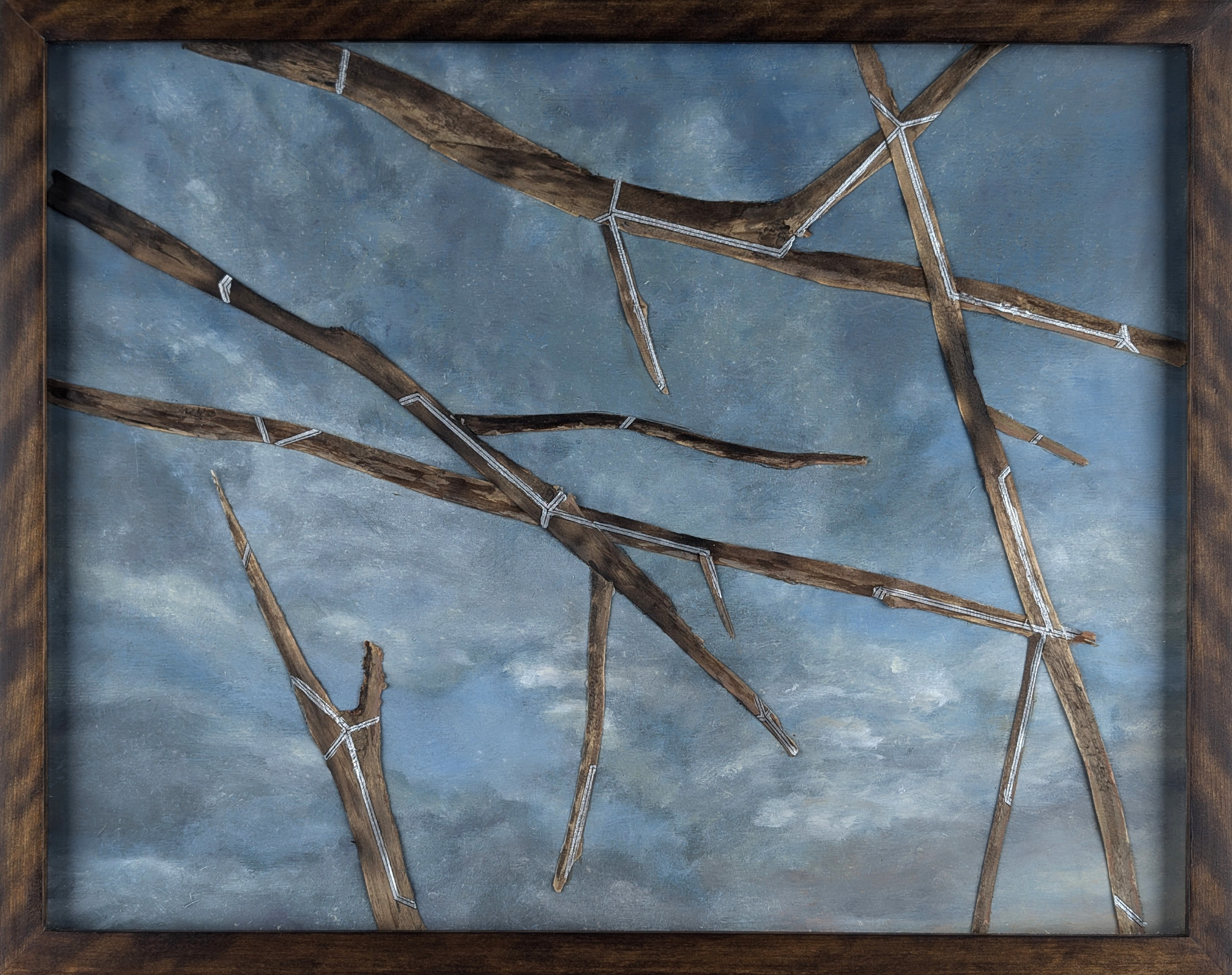 Headway Series - Small Format No. 5 of 5 - 2023 - Oil on Panel, Wood Branches, Ink - Figured Birch Frame by Artist - 19 3/4" x 15 3/4"