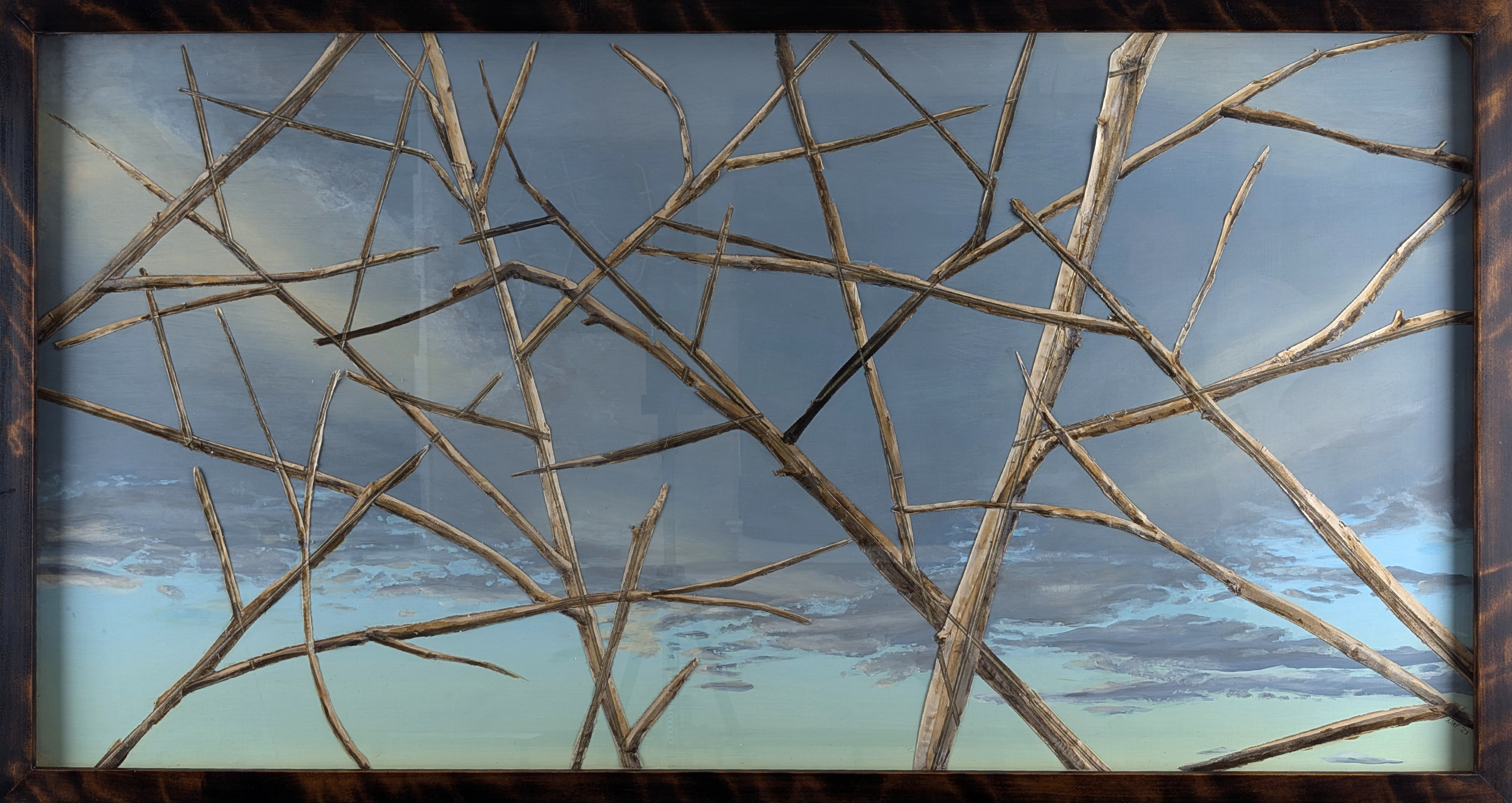 Recognition Series - Large Format No. 1 of 2 - 2023 - Acrylic on Panel, Wood Branches, Ink - Figured Birch Frame by Artist - 49 1/4" x 26 1/2"