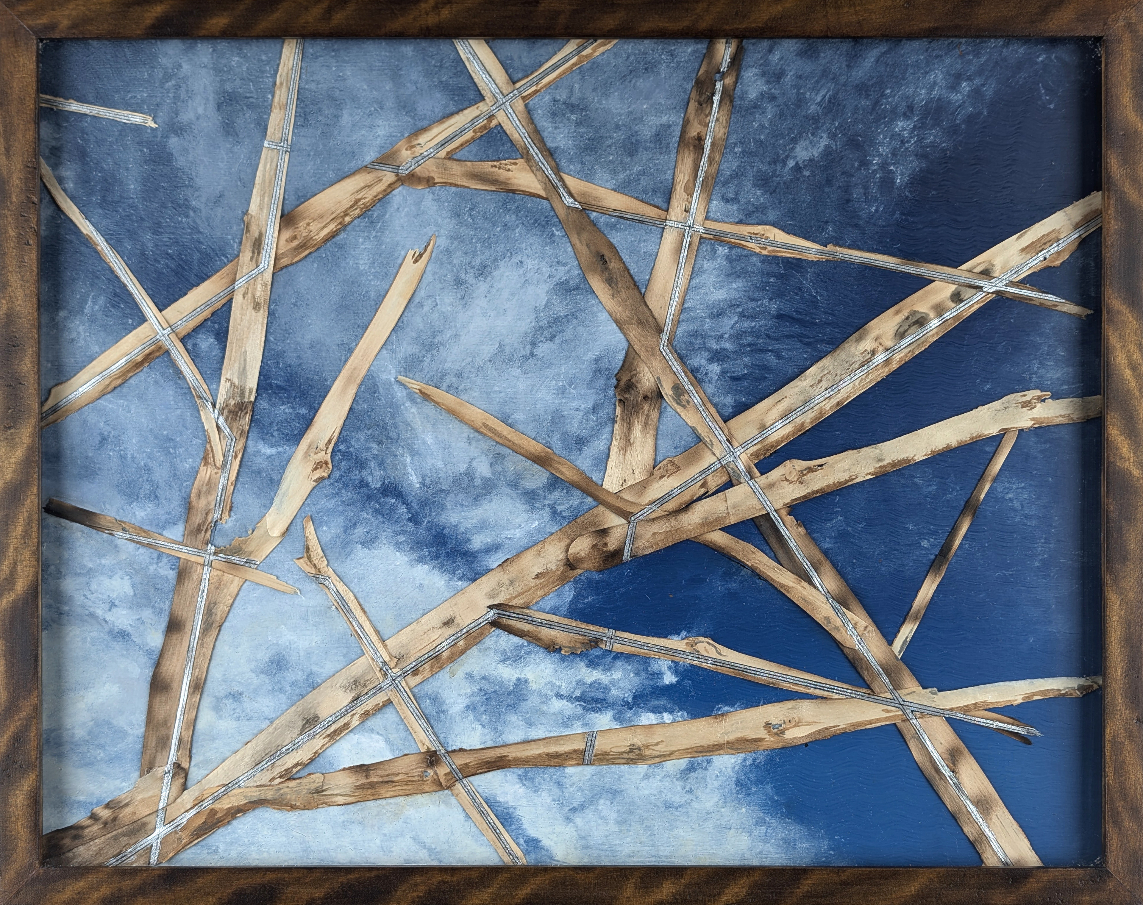 Headway Series - Small Format No. 3 of 6 - Oil on Panel, Wood Branches, Ink - Figured Birch Frame by Artist - 19 3/4" x 15 3/4"