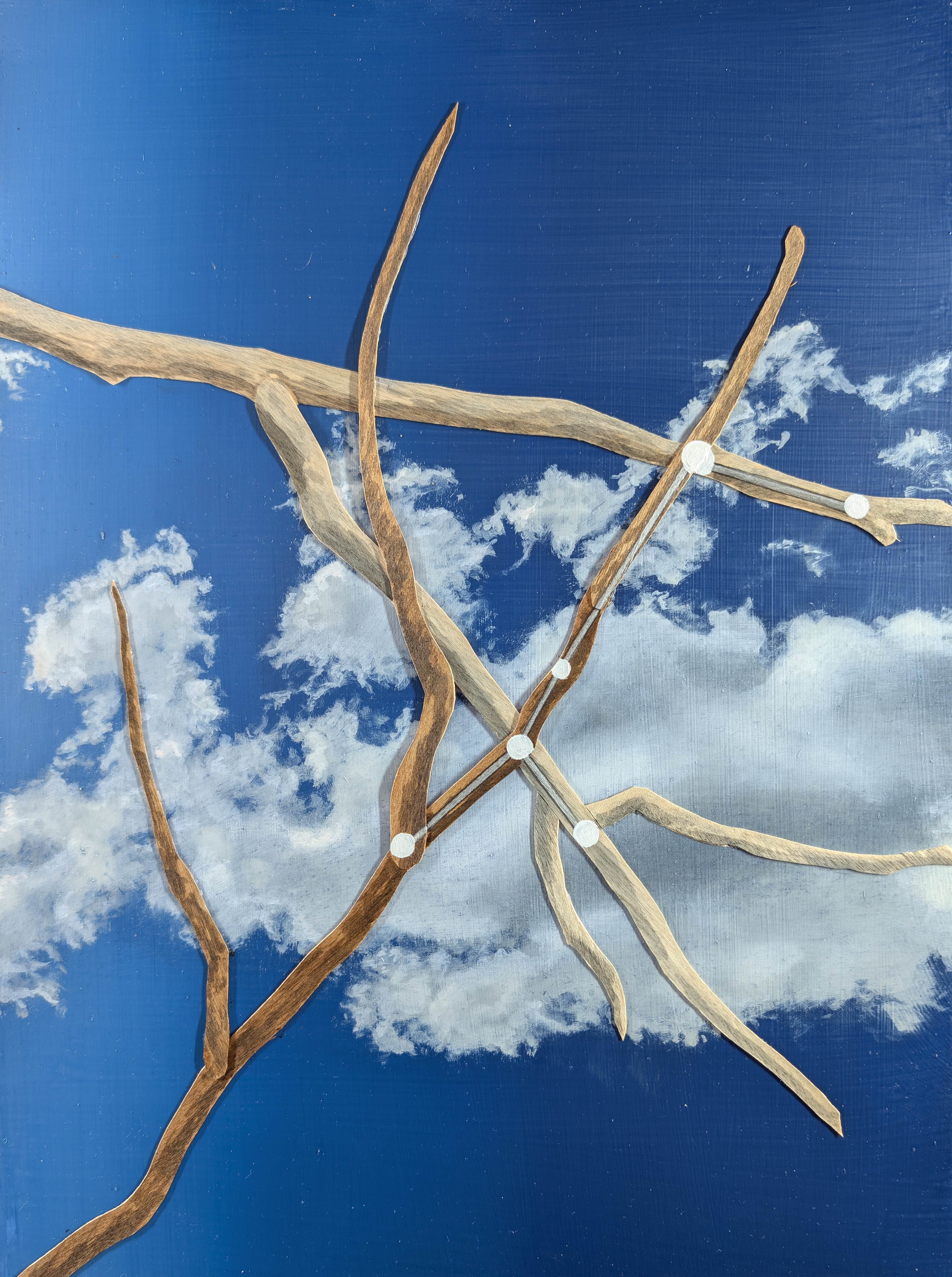 The 88 Asterisms - Greater Dog - 2025 - Oil, Wood Branches, Ink - 16" x 12"