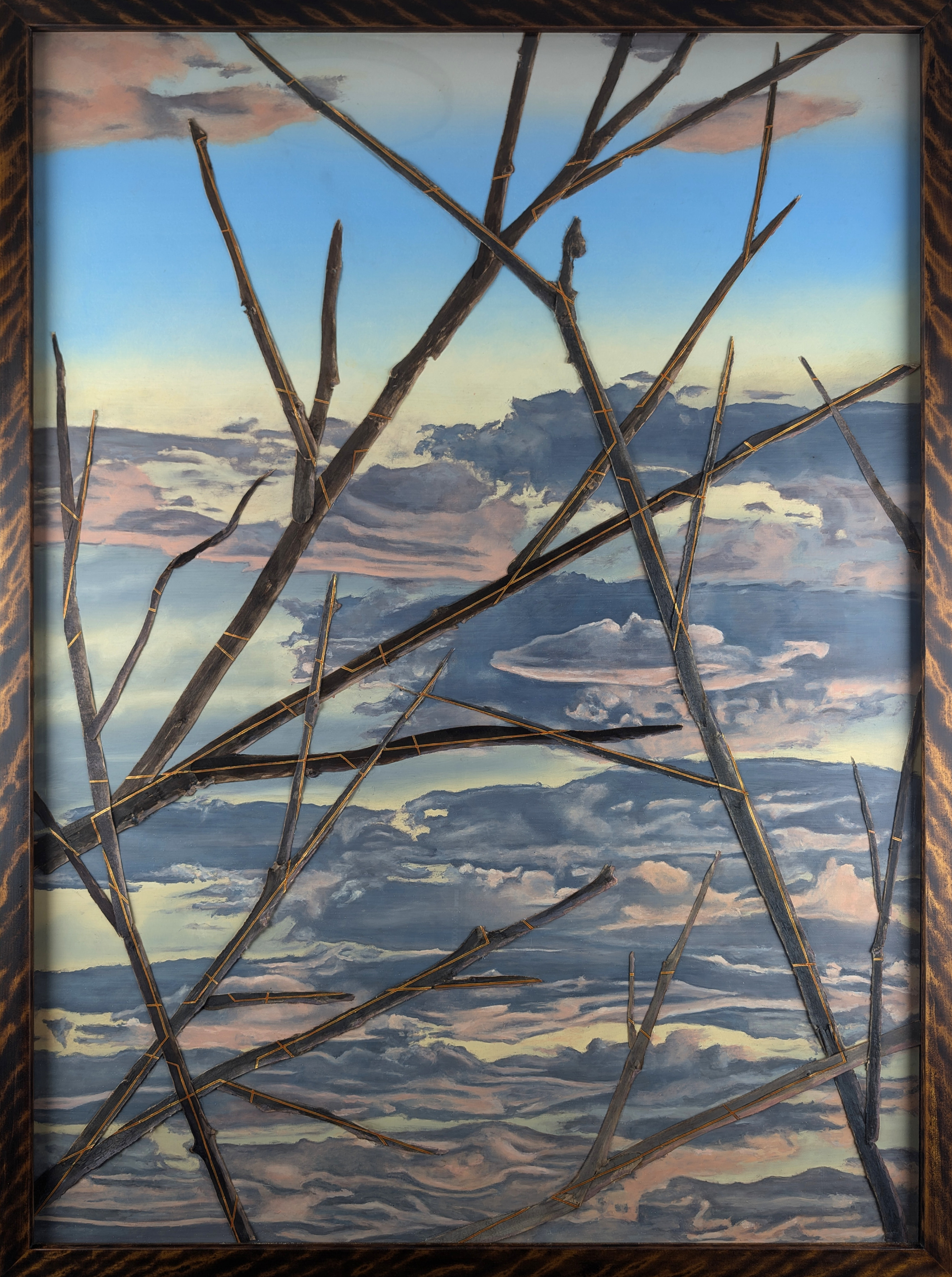 Headway Series - Large Format No. 1 of 2 - 2024 - Oil on Panel, Wood Branches, Ink - Figured Birch Frame by Artist - 38" x 51"