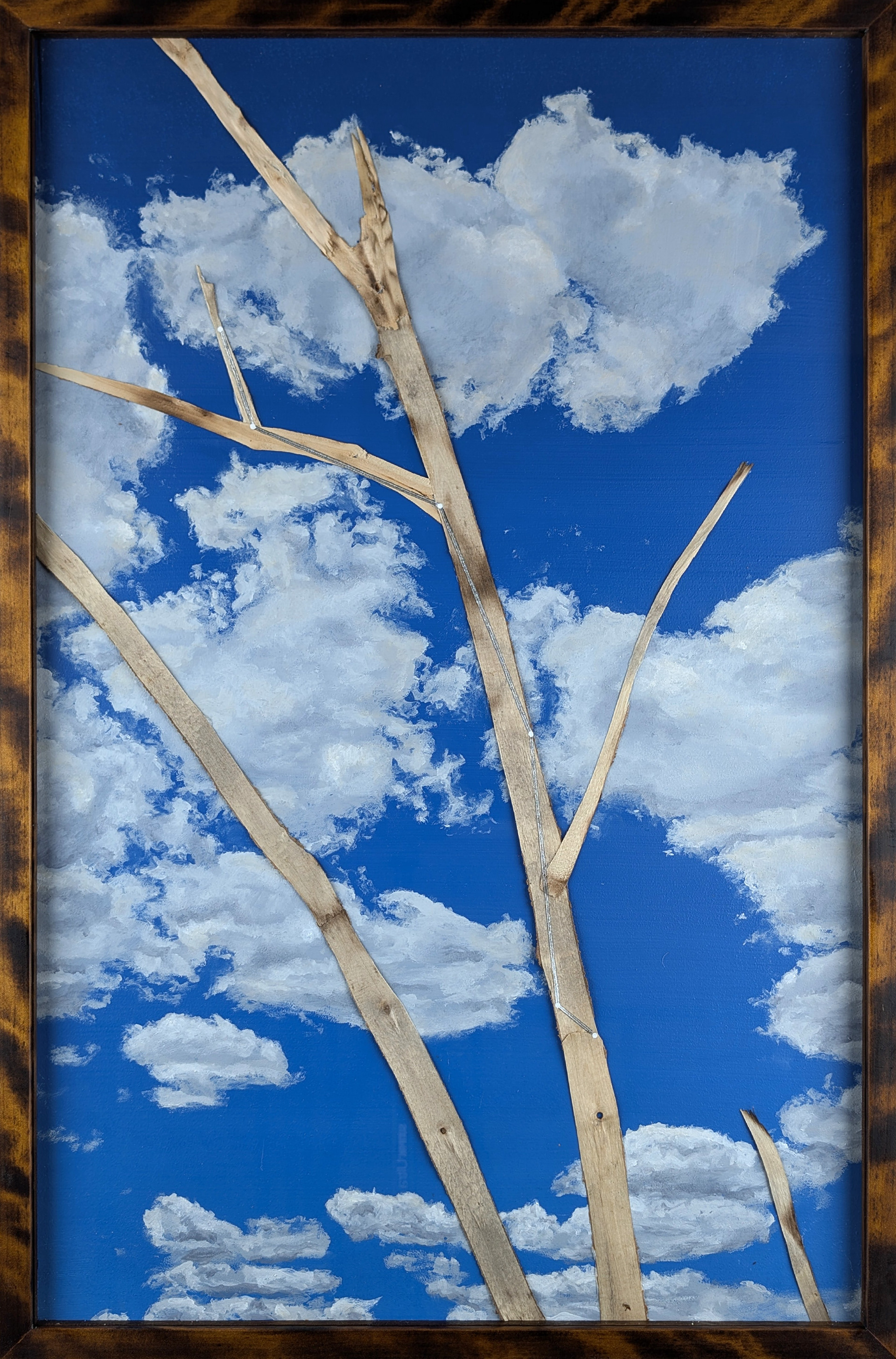 Confirmation Series - Lynx - 2024 - Oil on Panel, Wood Branches, Ink - Figured Birch Frame by Artist - 19 3/4" x 29 3/4"