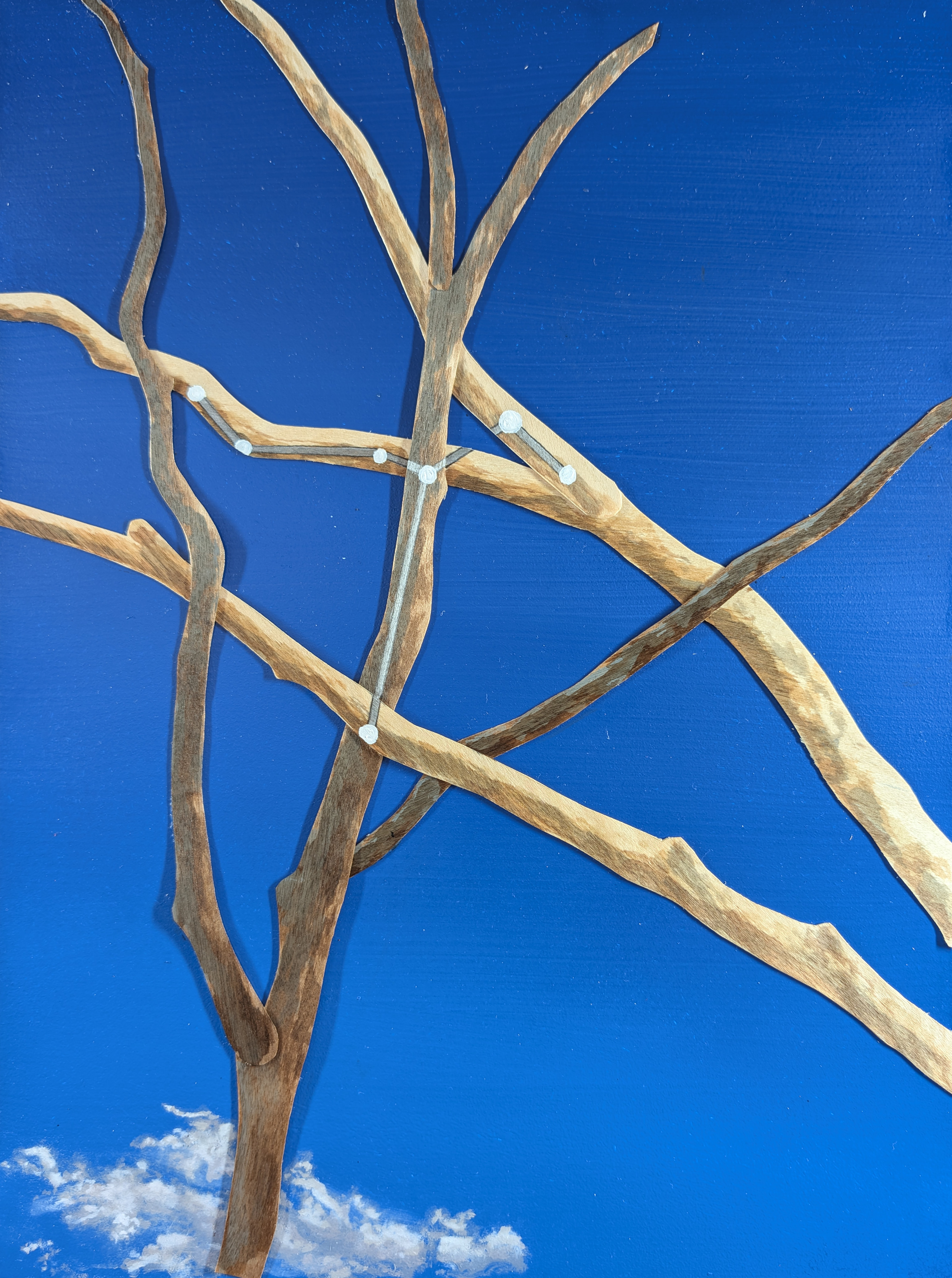 The 88 Asterisms - Dove - 2025 - Oil, Wood Branches, Ink - 16" x 12"