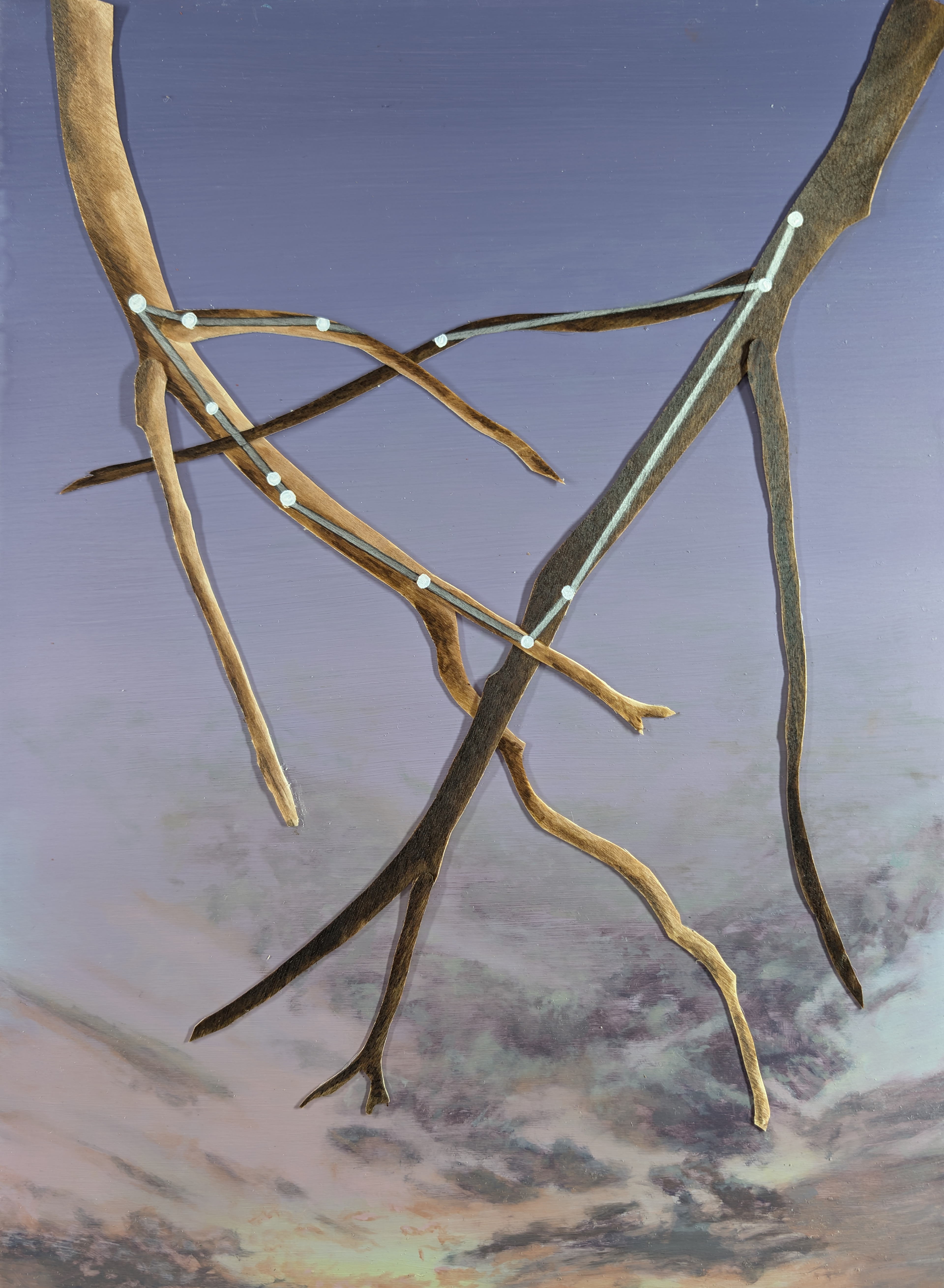The 88 Asterisms - Sea Goat - 2025 - Oil, Wood Branches, Ink - 16" x 12"