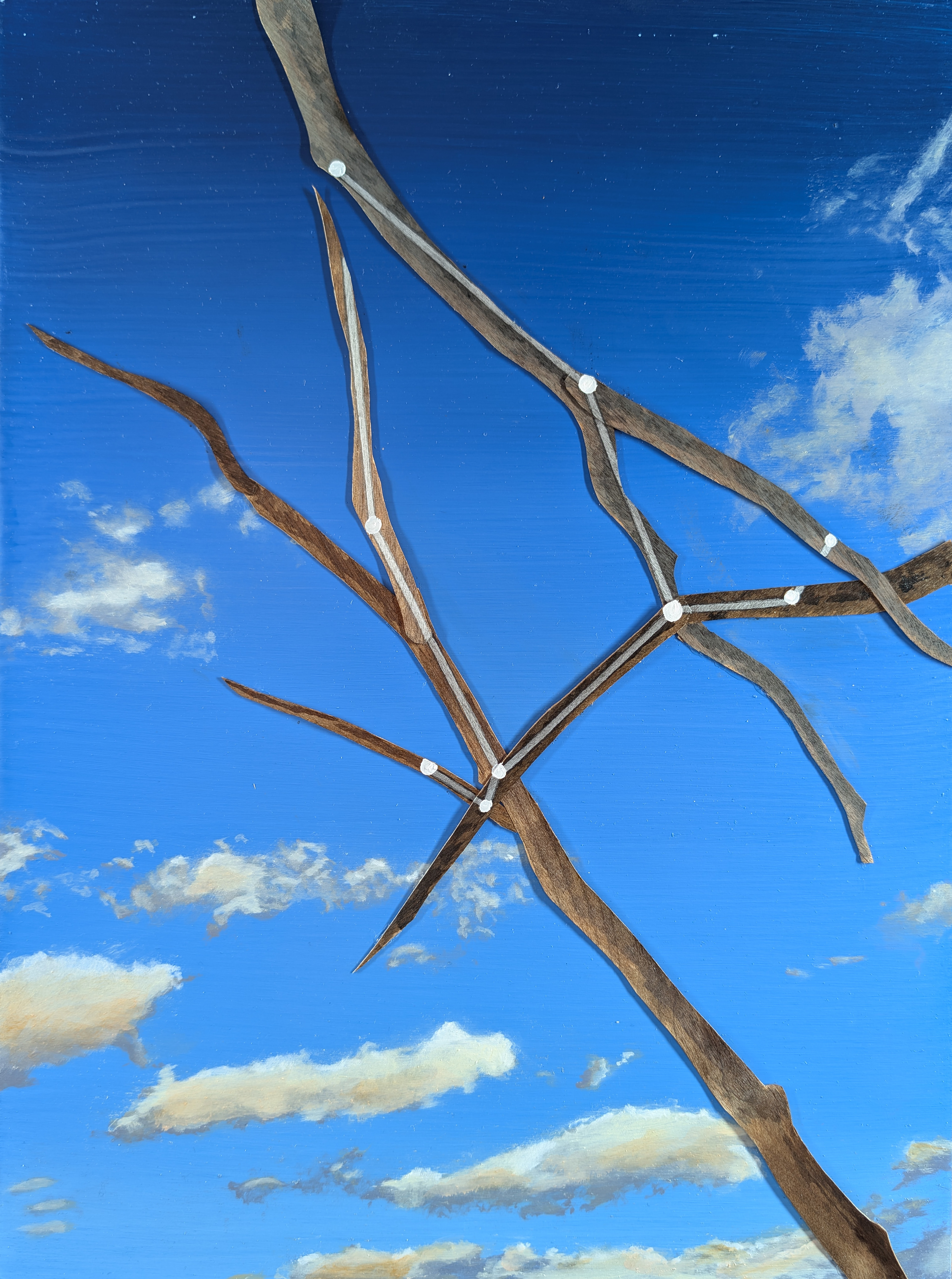 The 88 Asterisms - Cepheus - 2025 - Oil, Wood Branches, Ink - 16" x 12"