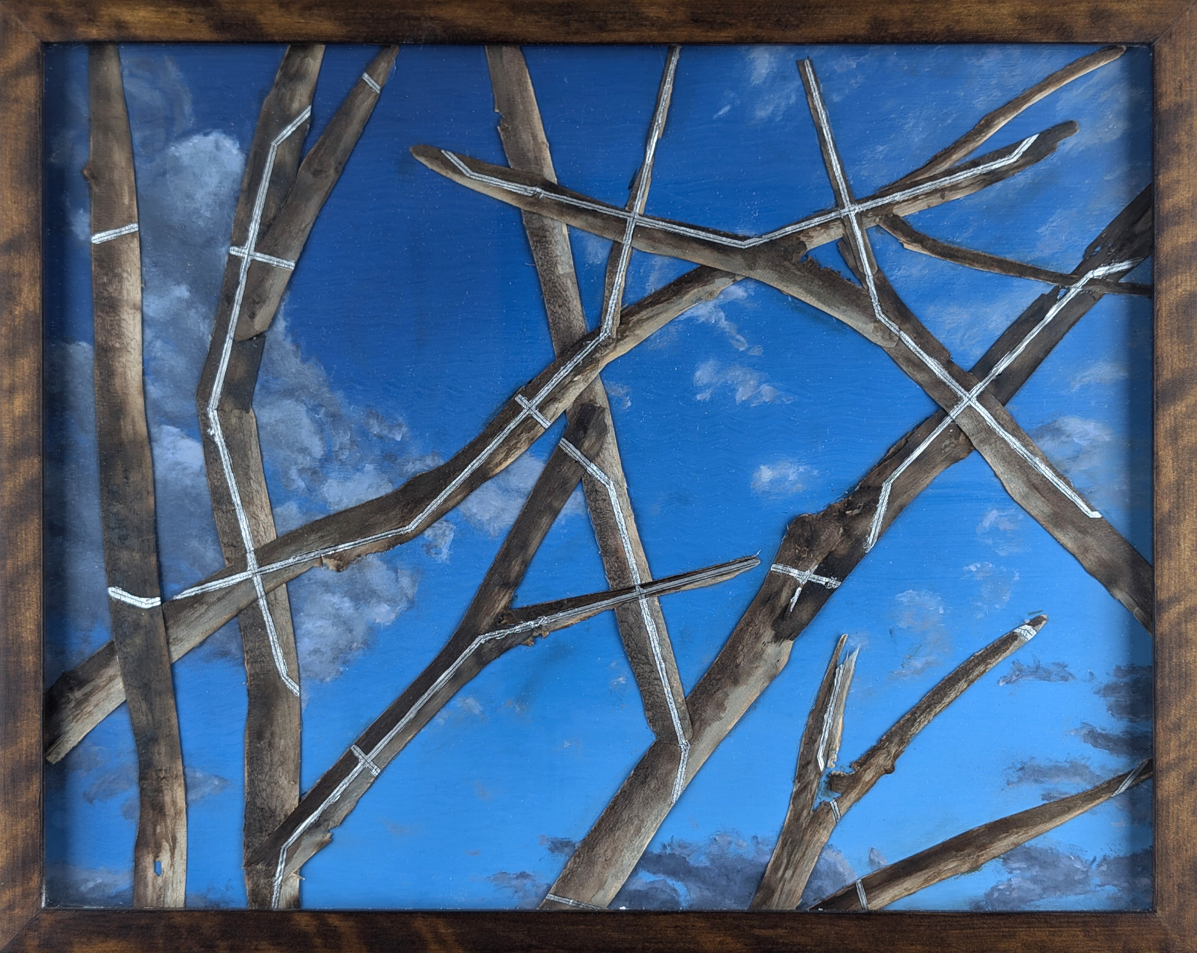 Headway Series - Small Format No. 4 of 6 - 2023 - Oil on Panel, Wood Branches, Ink - Figured Birch Frame by Artist - 19 3/4" x 15 3/4"