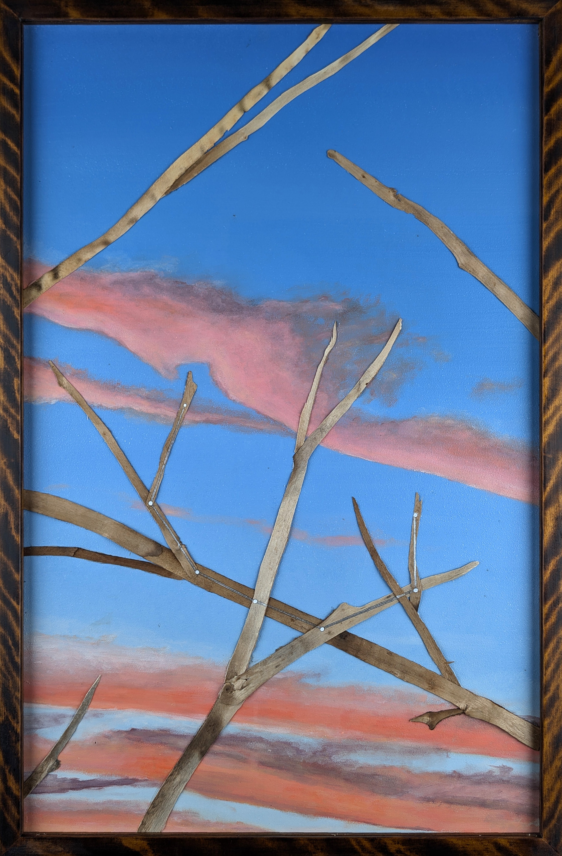Confirmation Series - Corona Borealis - 2024 - Oil on Panel, Wood Branches, Ink - Figured Birch Frame by Artist - 20 3/4" x 29 3/4"