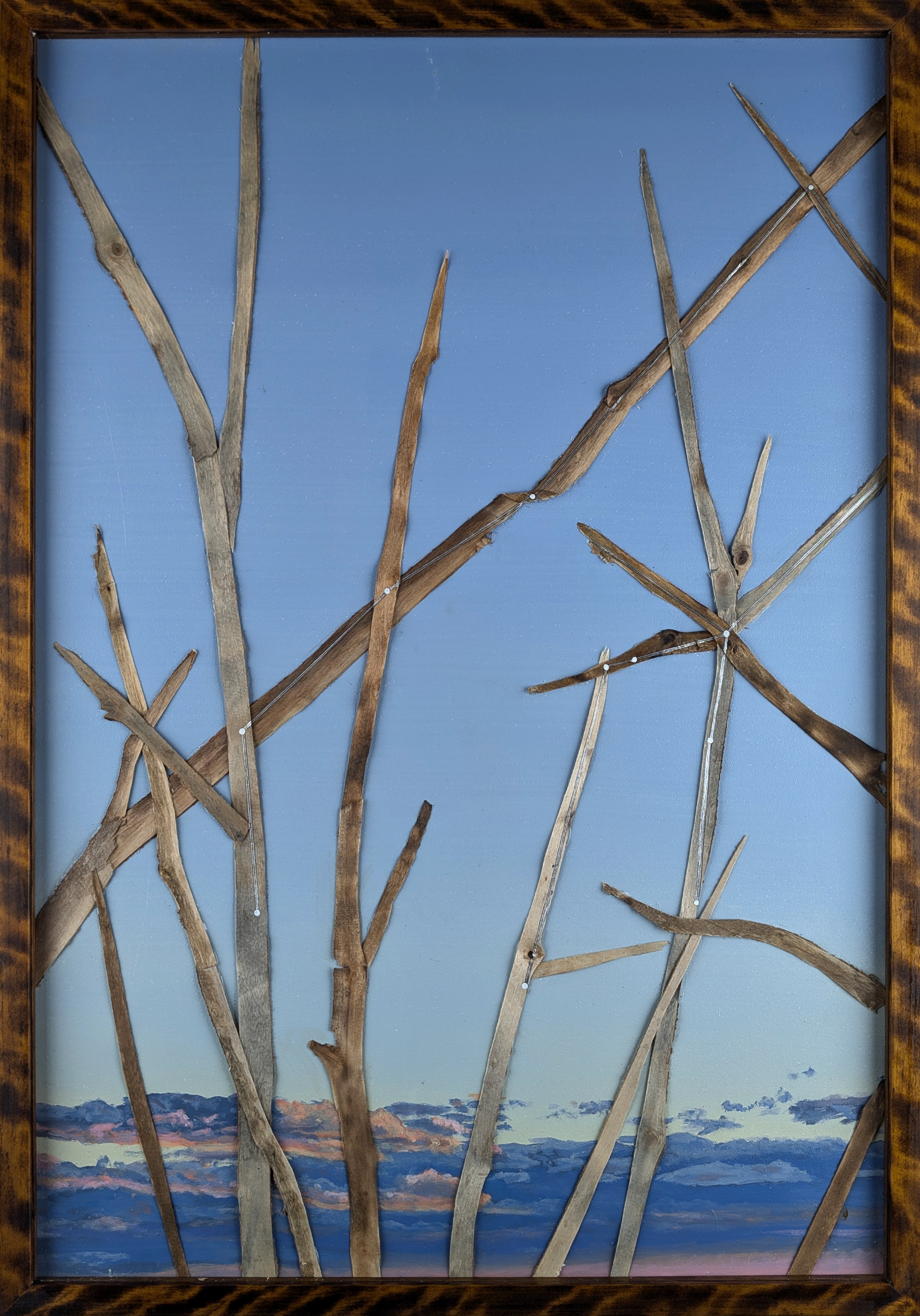 Confirmation Series - Pegasus - 2024 - Oil on Panel, Wood Branches, Ink - Figured Birch Frame by Artist - 19 3/4" x 29 3/4"