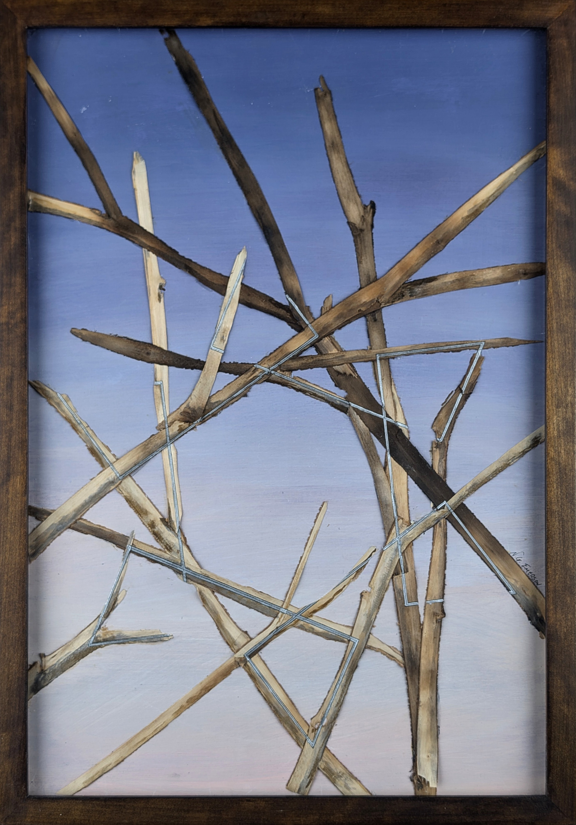 Recognition Series - Small Format No. 5 of 6 - 2023 - Acrylic on Panel, Wood Branches, Ink - Figured Birch Frame by Artist - 14 1/2" x 20 3/4"