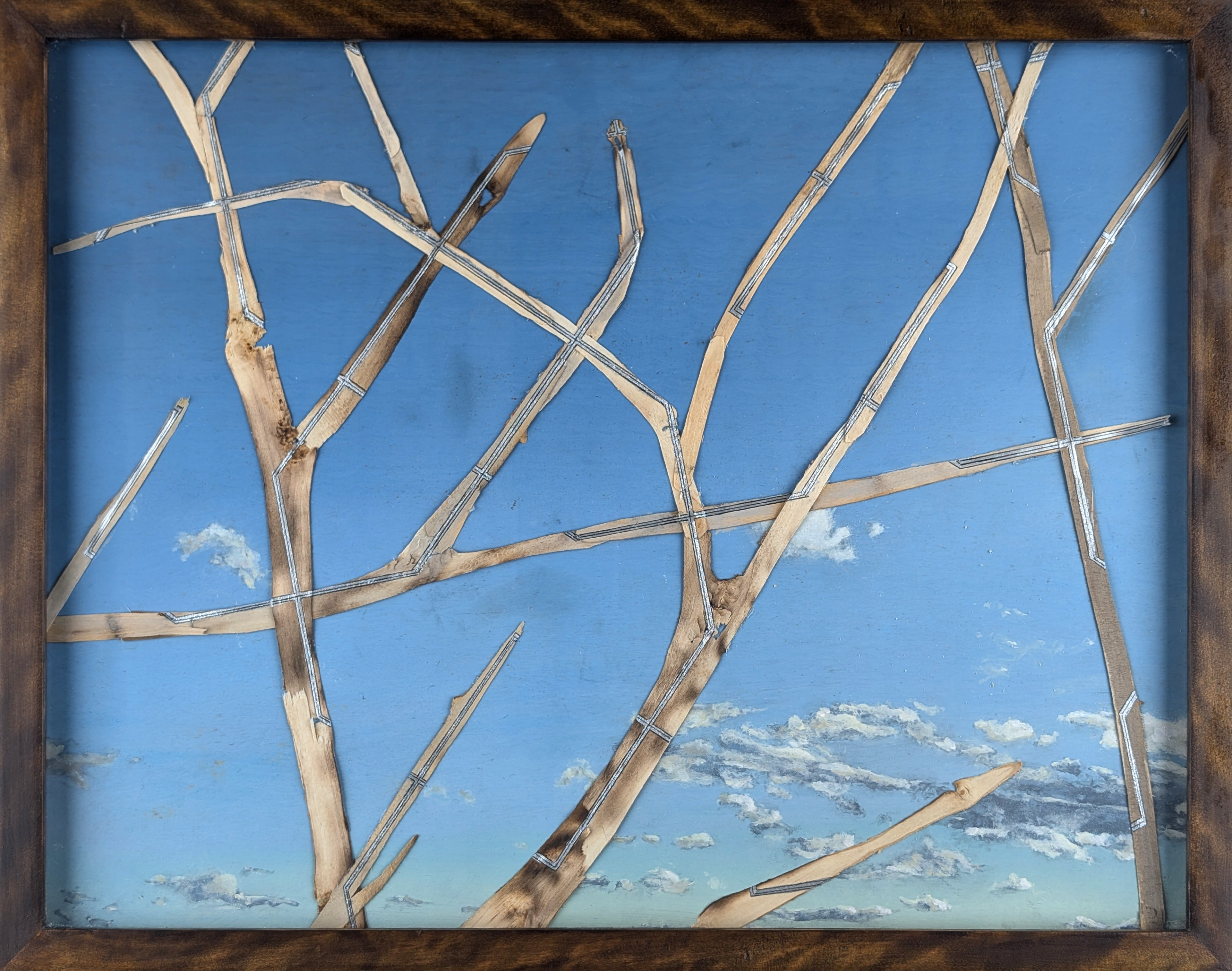 Headway Series - Small Format No. 1 of 6 - 2023 - Oil on Panel, Wood Branches, Ink - Figured Birch Frame by Artist - 19 3/4" x 15 3/4"
