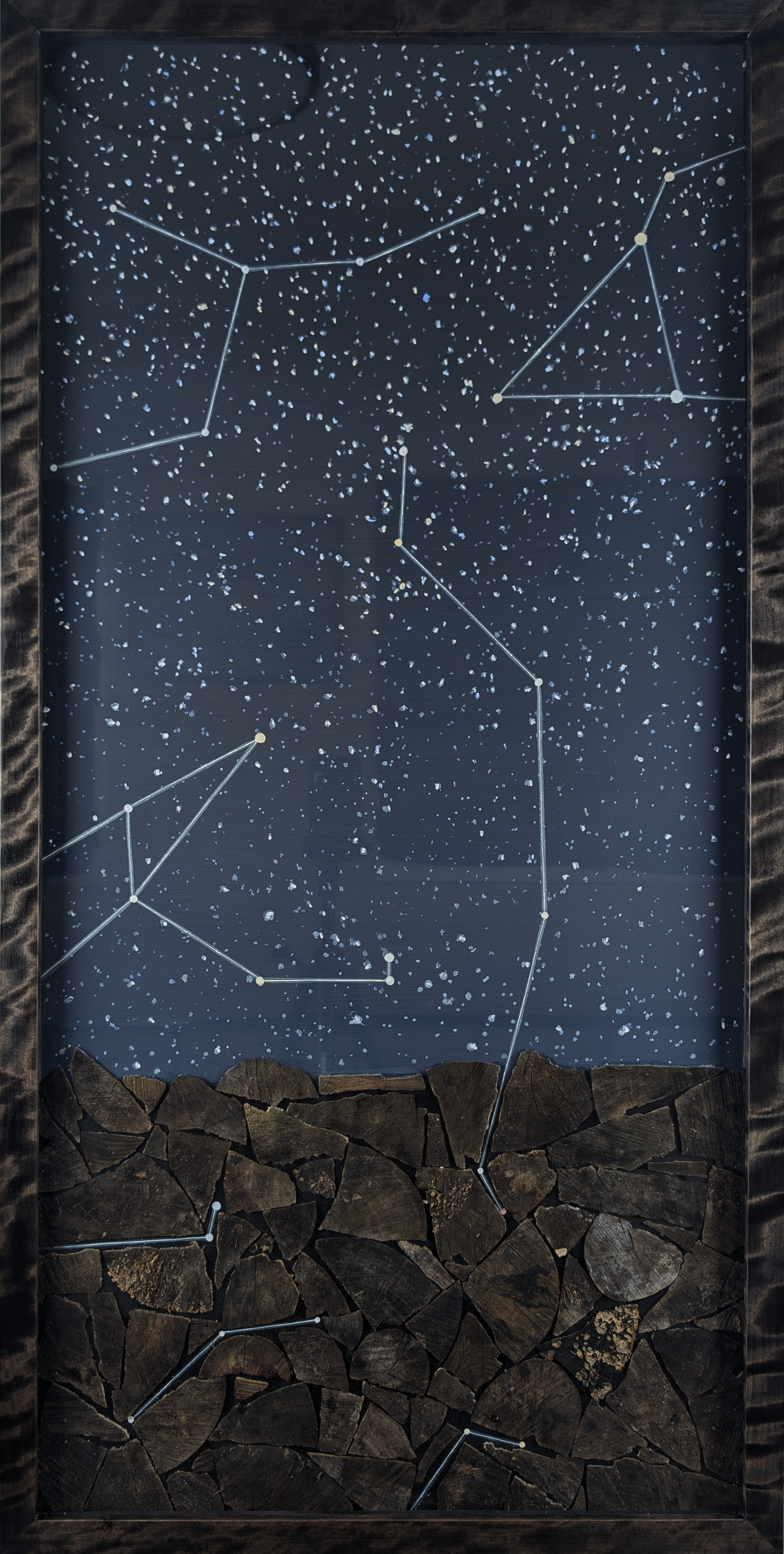 Firewood Series - Triptych Panel 3 - 2024 - Oil on Panel, Firewood - Figured Birch Frame by Artist - 25 1/4" x 50"